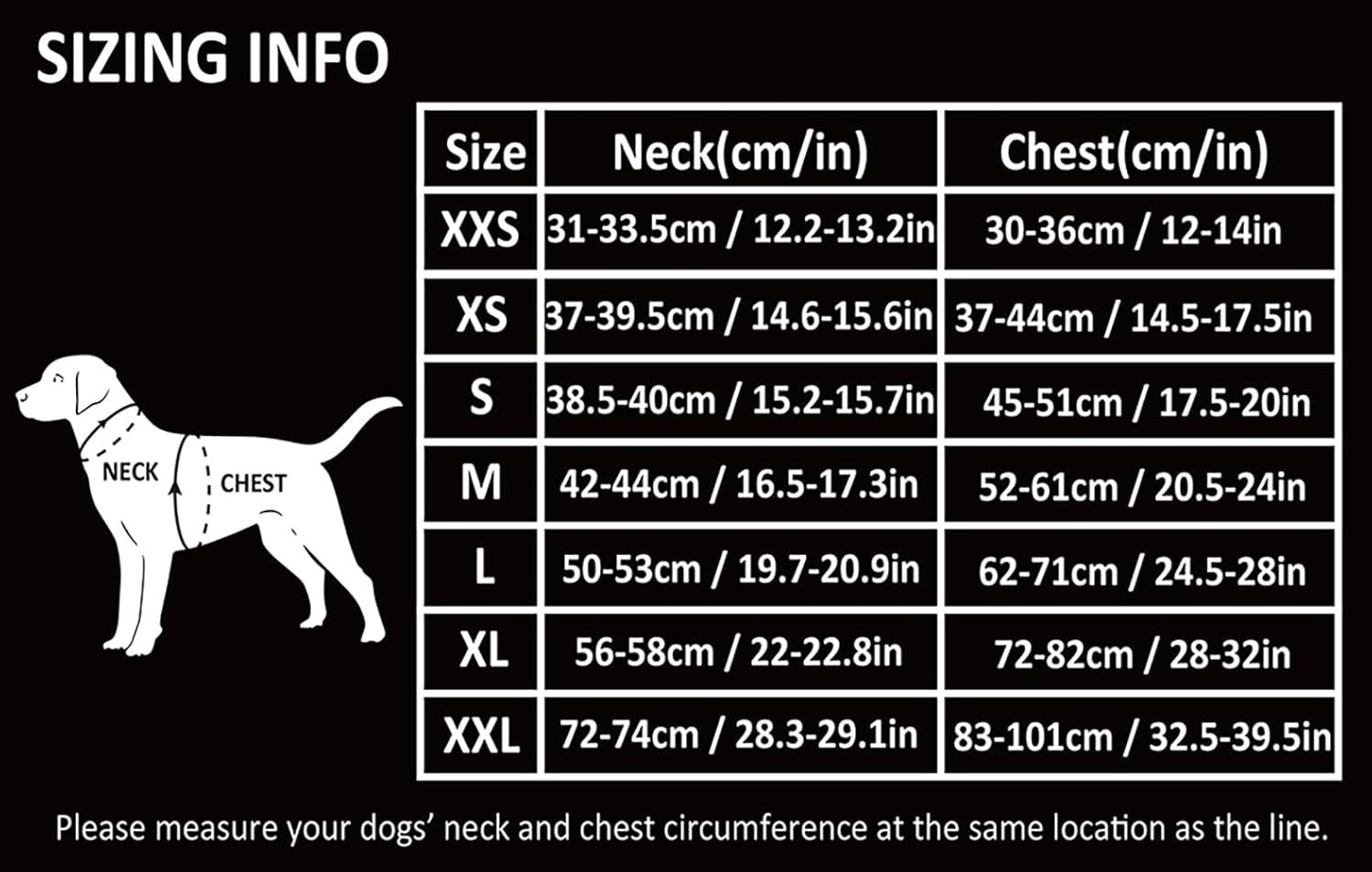 Provides a detailed sizing chart with neck and chest measurements in both cm and inches to help customers select the correct size for their dog.