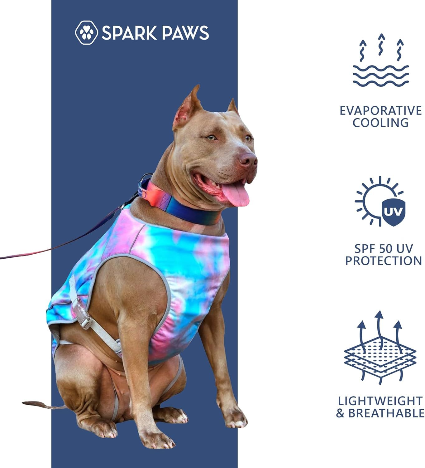 Showcases three key benefits of the cooling vest in a visually segmented layout to communicate cooling technology, sun protection, and comfort.