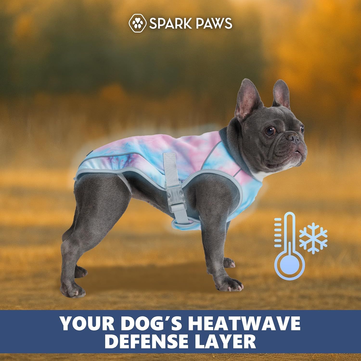 Communicates the primary benefit of the cooling vest as a protective layer against heat, reassuring shoppers about their dog's safety in hot weather.
