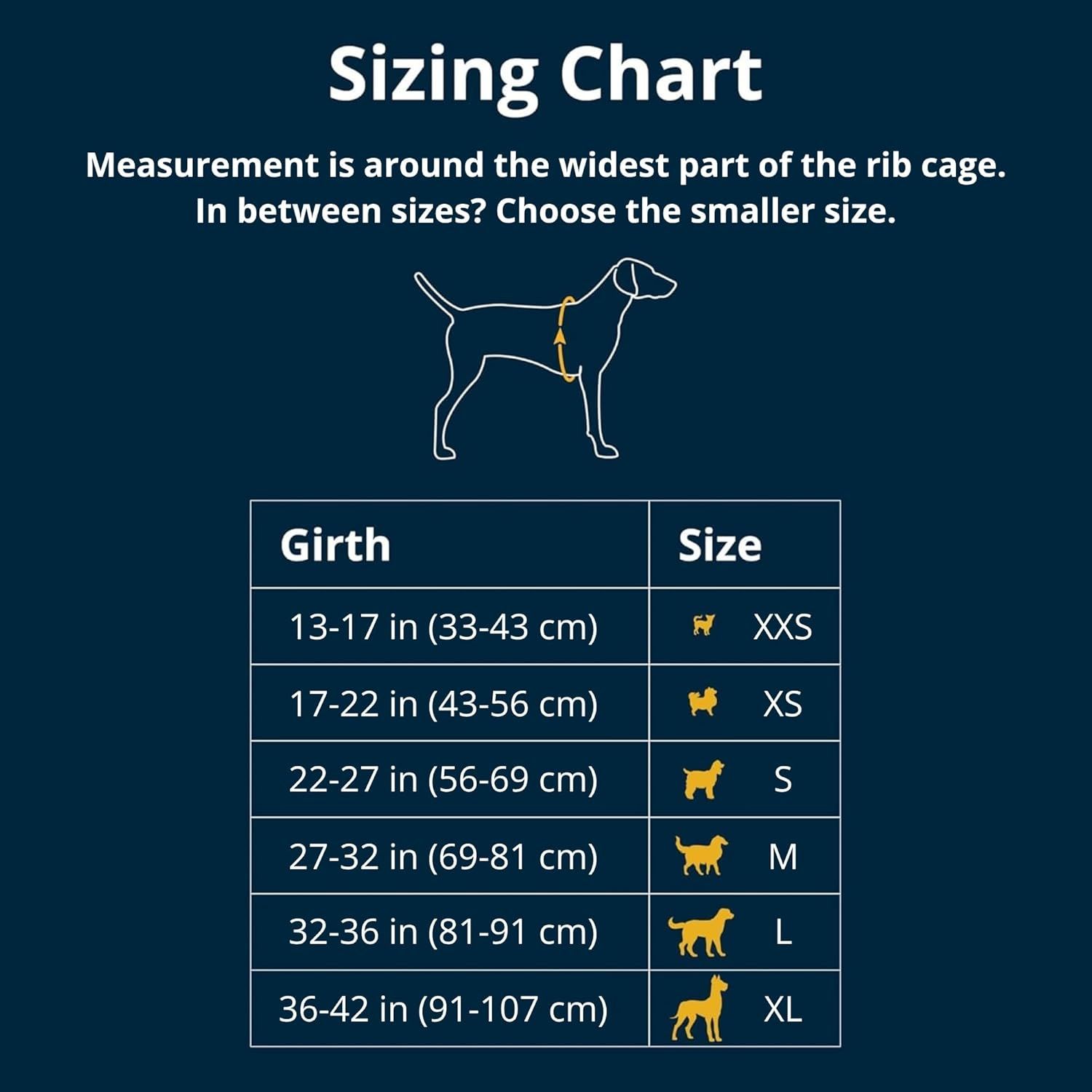 Helps shoppers determine the correct size for their dog by providing a detailed sizing chart with girth measurements and corresponding sizes.