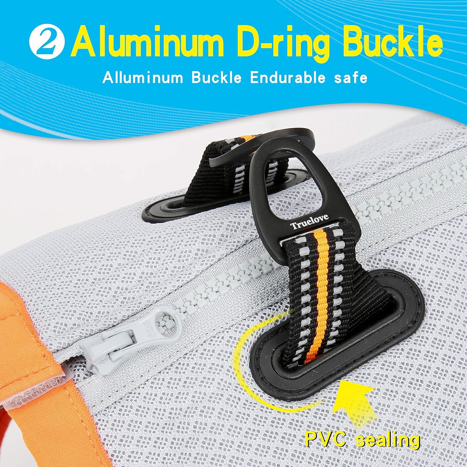 Highlights the physical components of the buckle attachment system, showing the durable aluminum D-ring and PVC sealing to reassure shoppers of quality construction. Communicates the safety and…