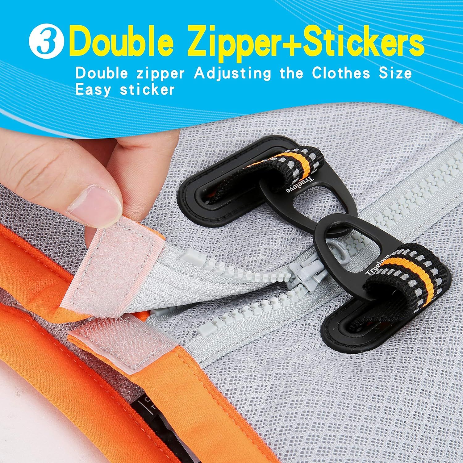 Highlights the physical components of the zipper and sticker system, showing how the double zipper and easy stickers enable size adjustment for a customizable fit. Communicates the convenience…