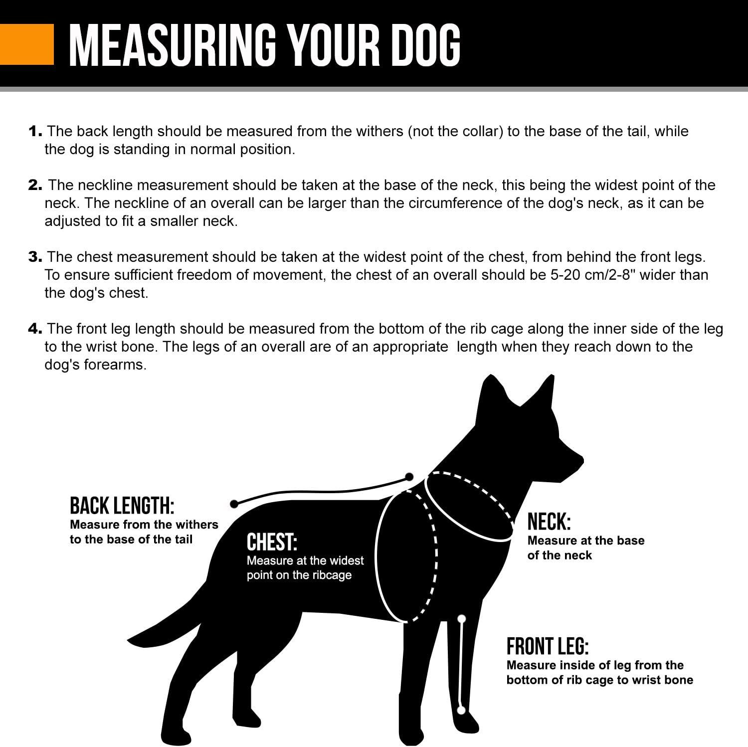 Provides detailed instructions on how to measure a dog's back length, neck, chest, and front leg to ensure the correct harness size is selected.