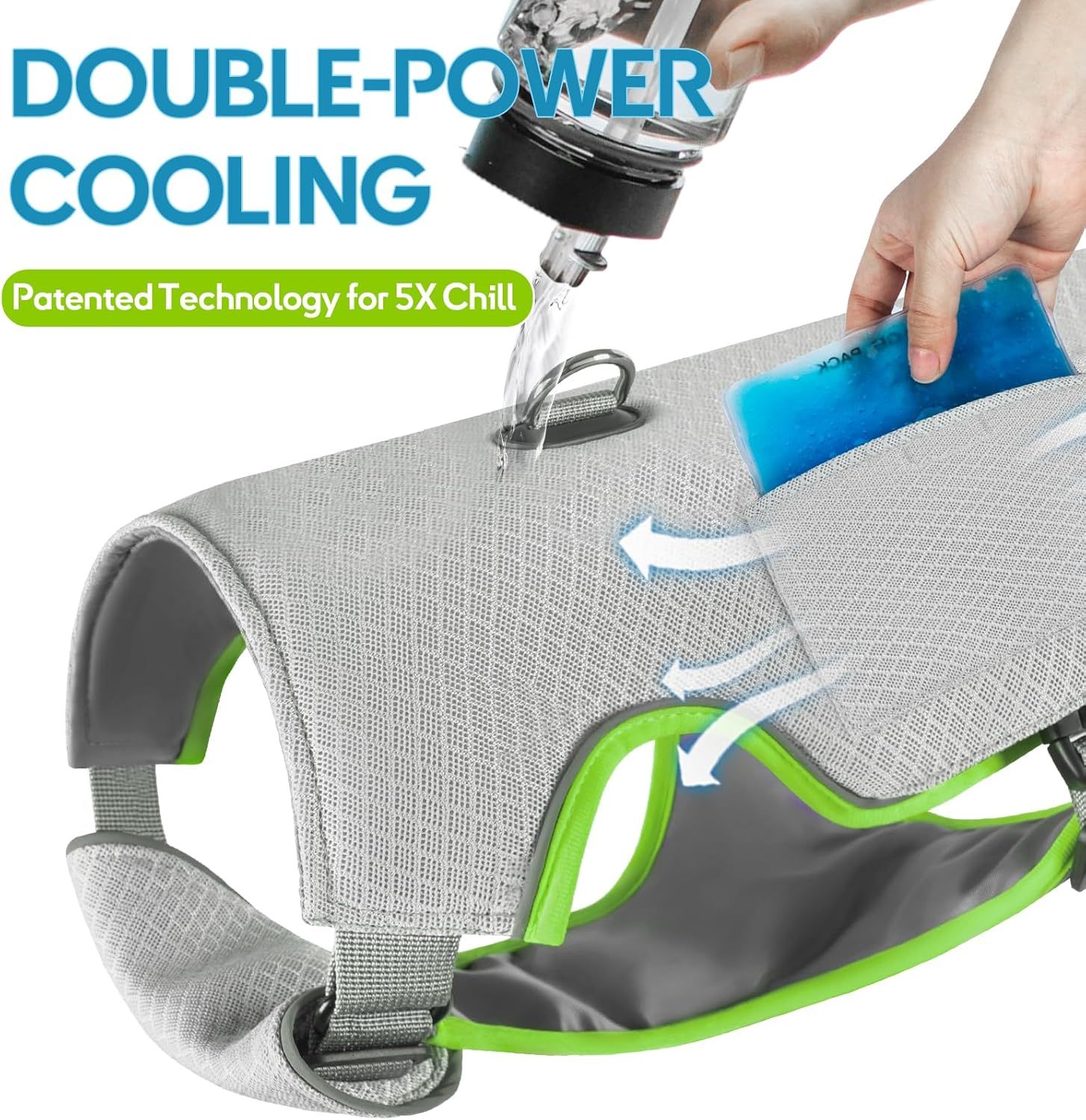 Highlights the product's patented double-power cooling technology that delivers 5X chill performance, reassuring shoppers of superior cooling effectiveness. Demonstrates the cooling benefit by…