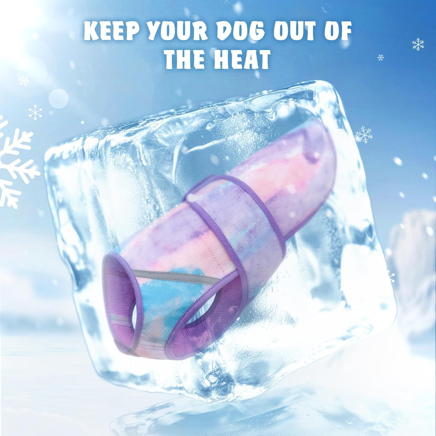 Highlights the cooling benefit of the product to keep dogs comfortable in hot weather.
