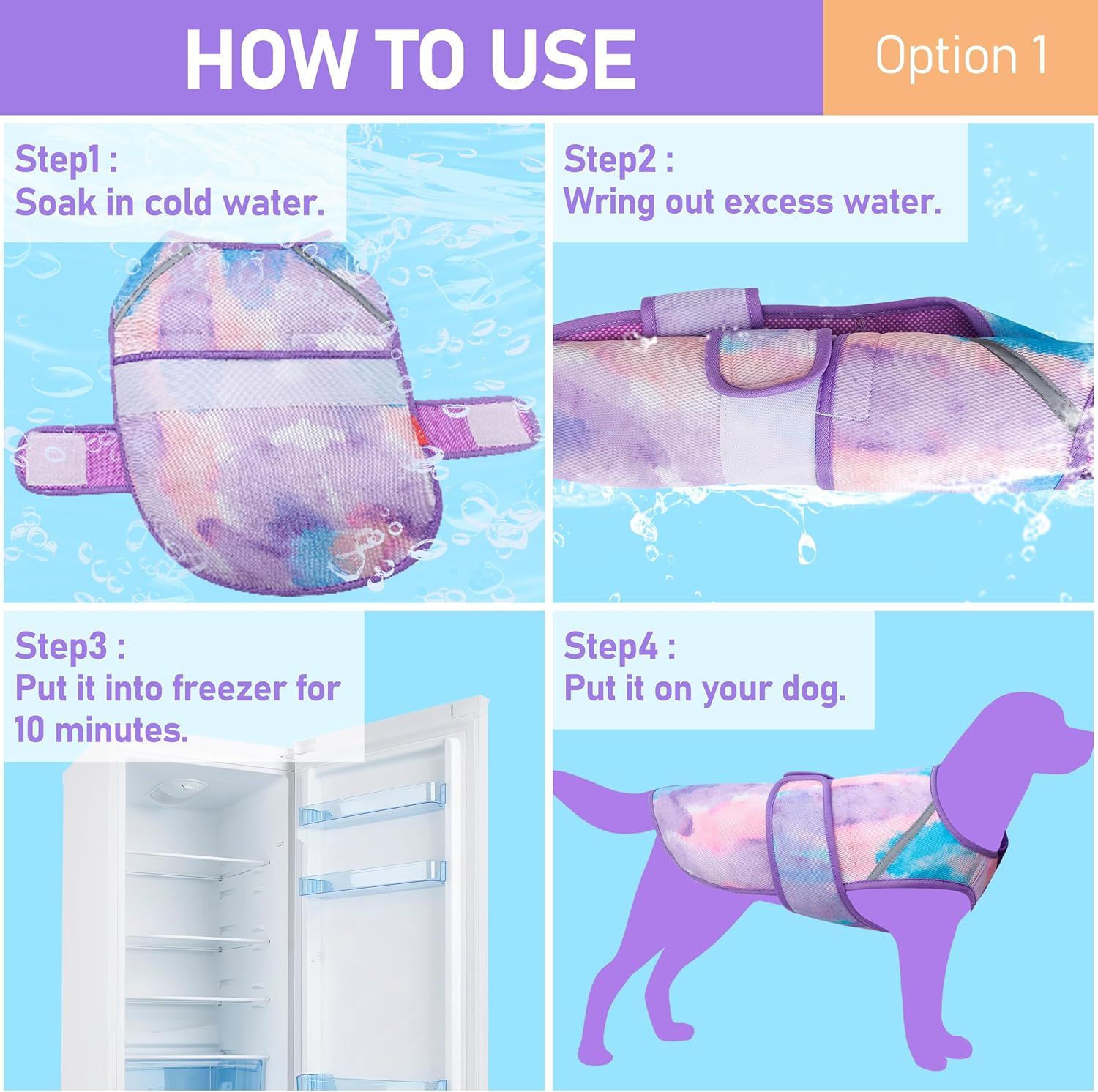 Provides step-by-step instructions on how to activate and use the cooling vest for dogs.