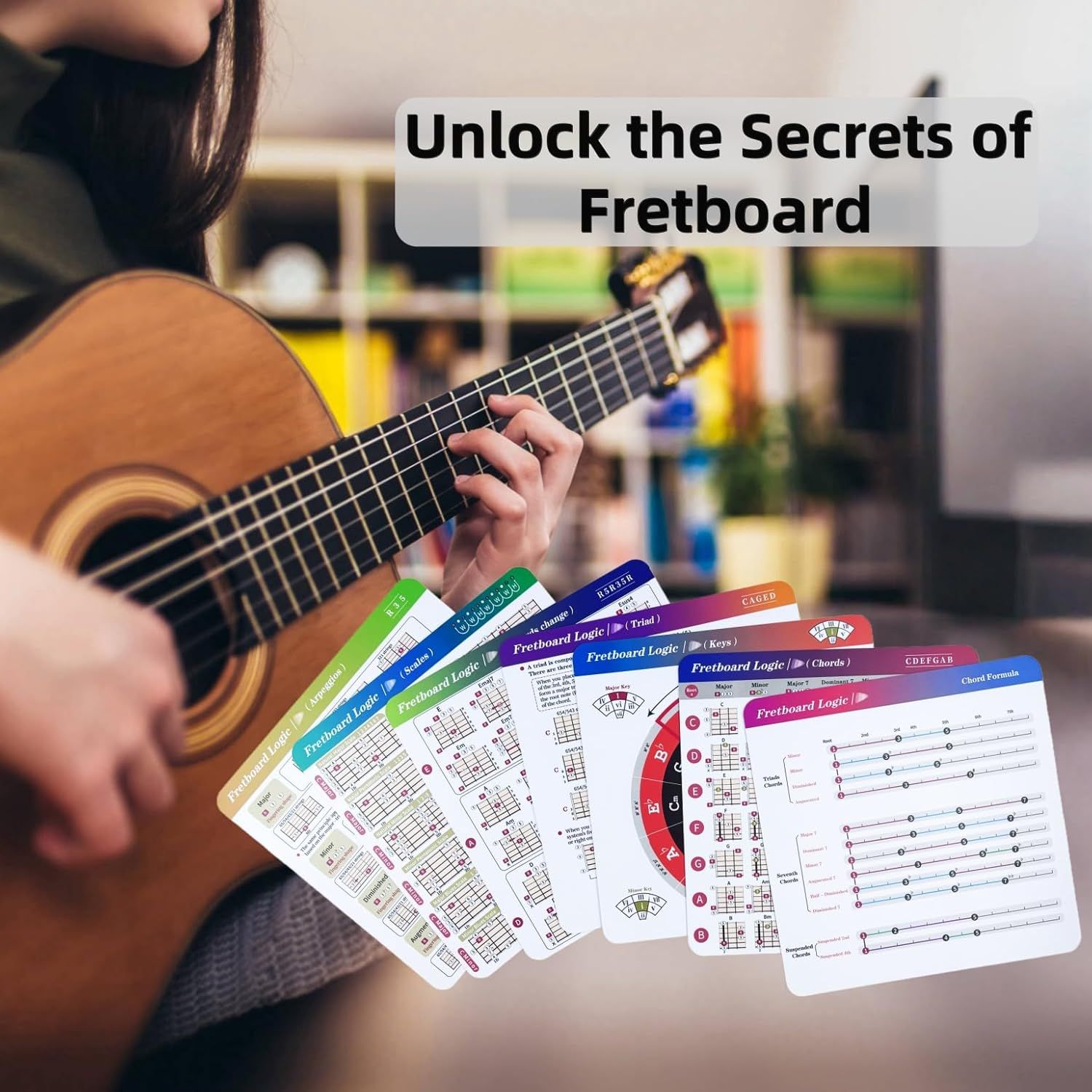 Shows the product in a real-world learning context, helping shoppers visualize using the fretboard cards during their own guitar practice.