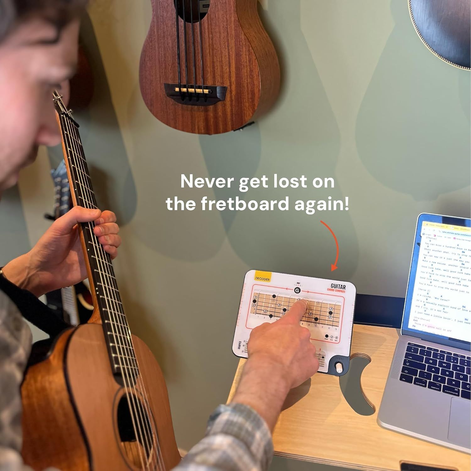 Demonstrates how the product helps guitarists navigate the fretboard and avoid getting lost while learning chords. Highlights the core benefit of helping users master fretboard navigation through a…