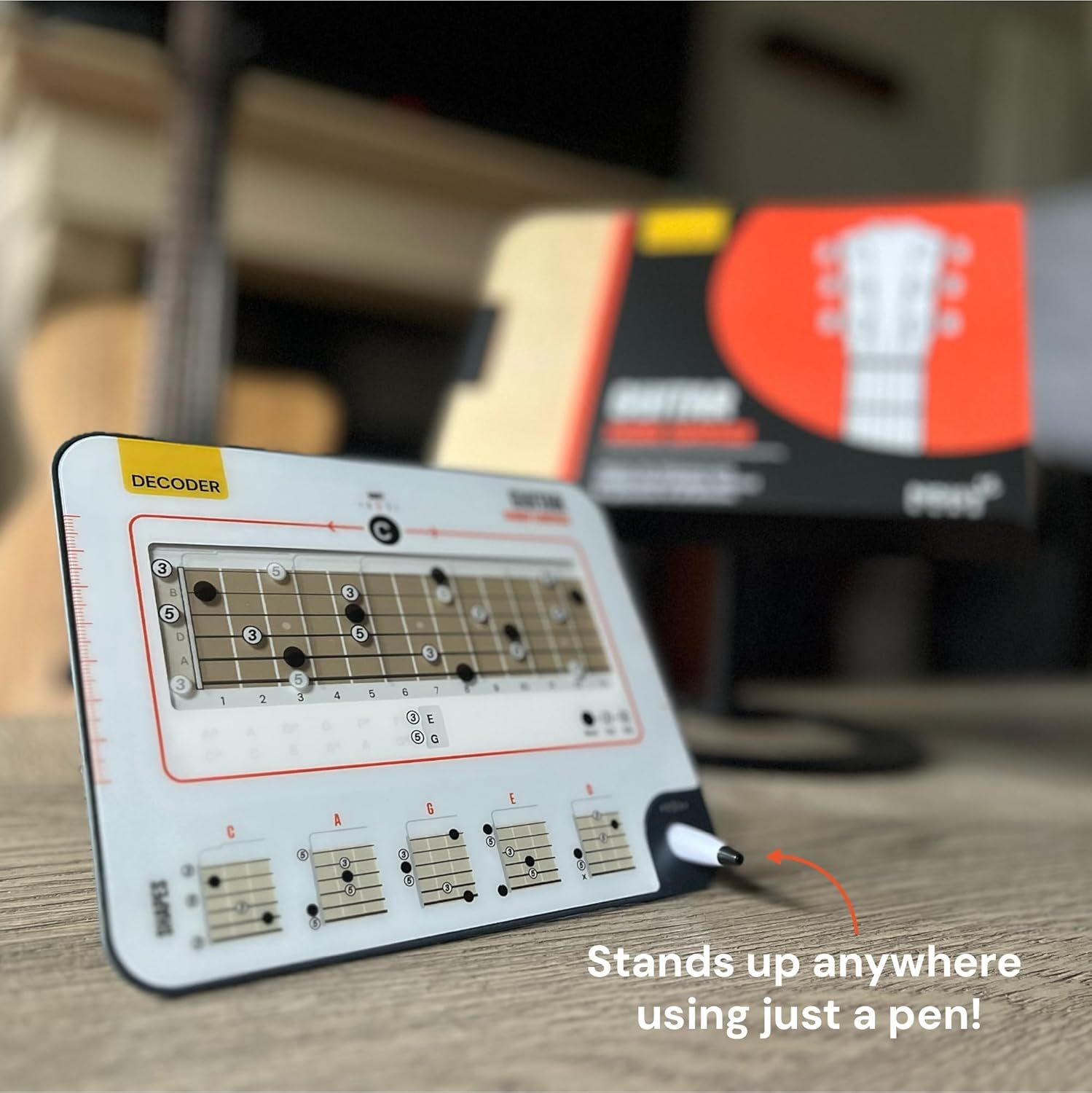 Communicates the convenience feature that the product can stand upright anywhere using just a pen for support.