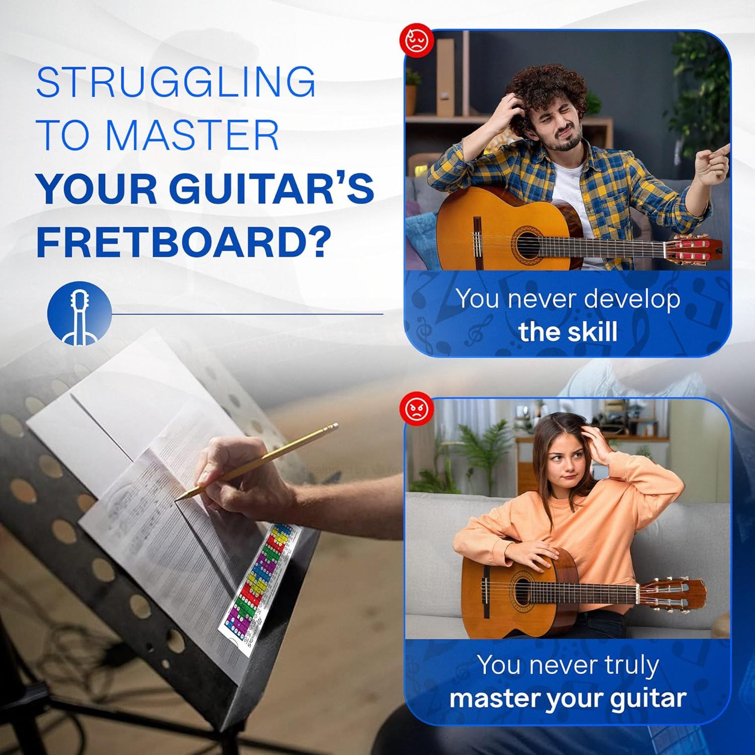 Demonstrates the problem of struggling to learn guitar without the product versus the solution it provides, positioning the product as essential for skill development.