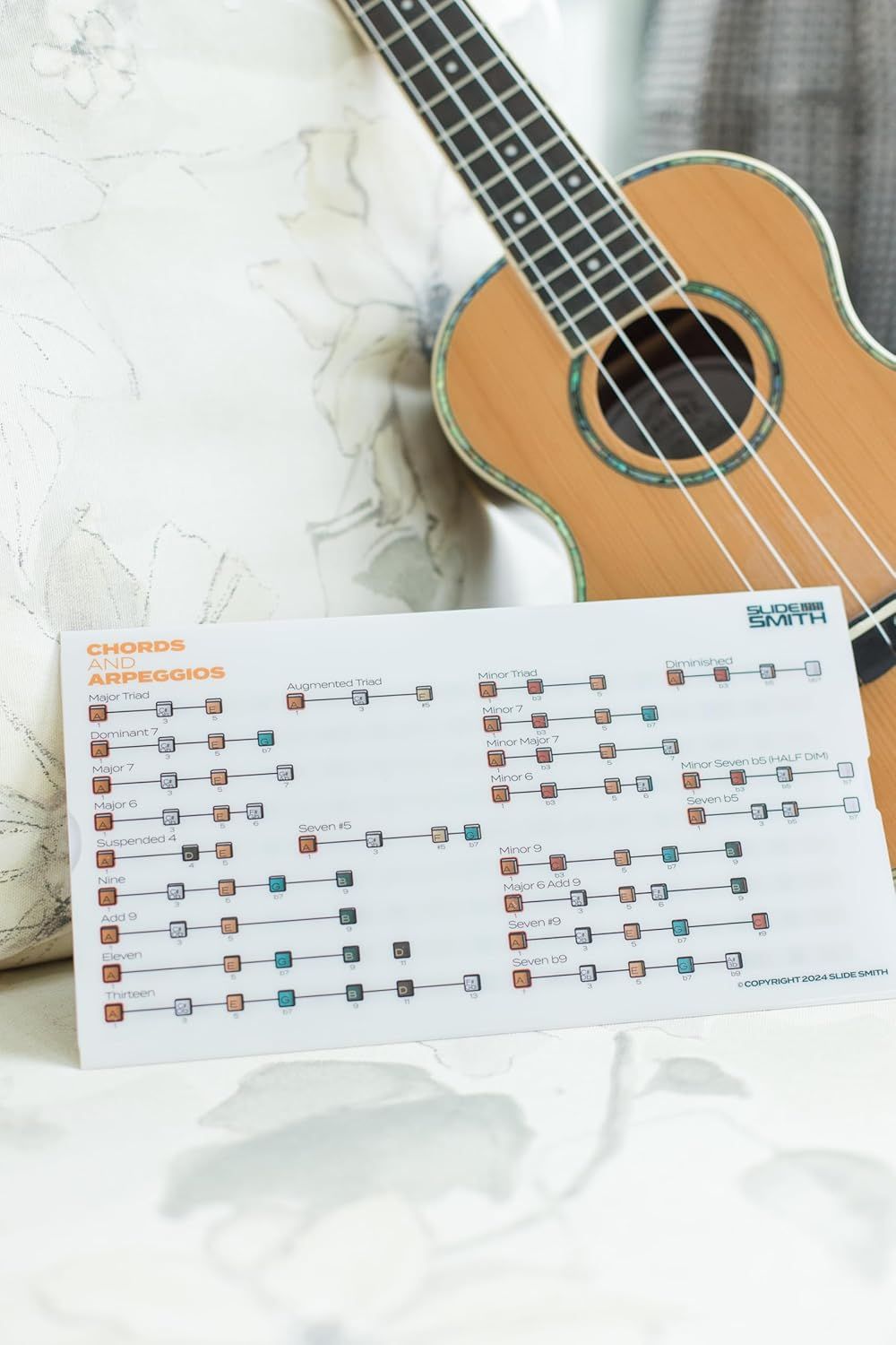 Shows the customer that a comprehensive chords and arpeggios reference card is included with the ukulele purchase, adding educational value and helping beginners learn to play.
