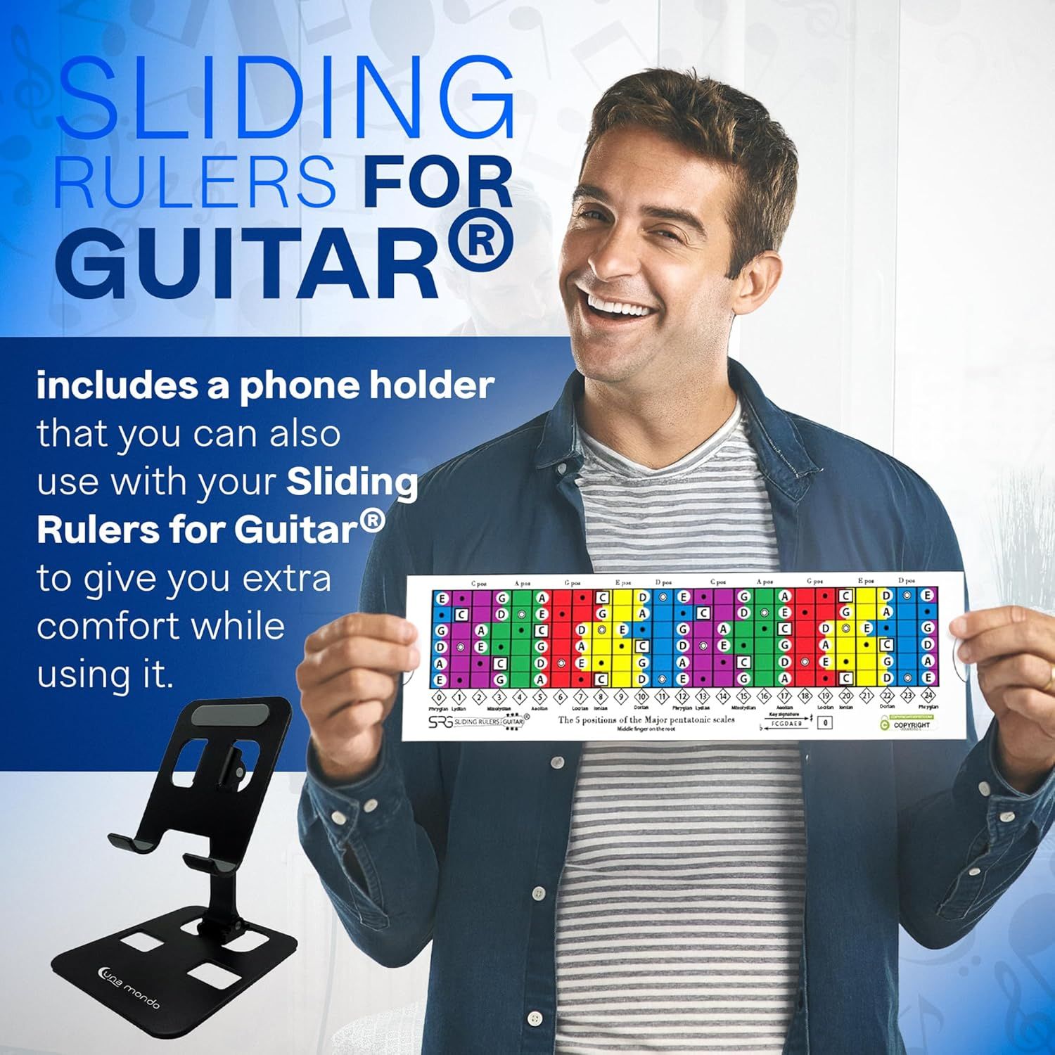 Shows that the purchase includes a bonus phone holder accessory that works with the sliding ruler product for added convenience.