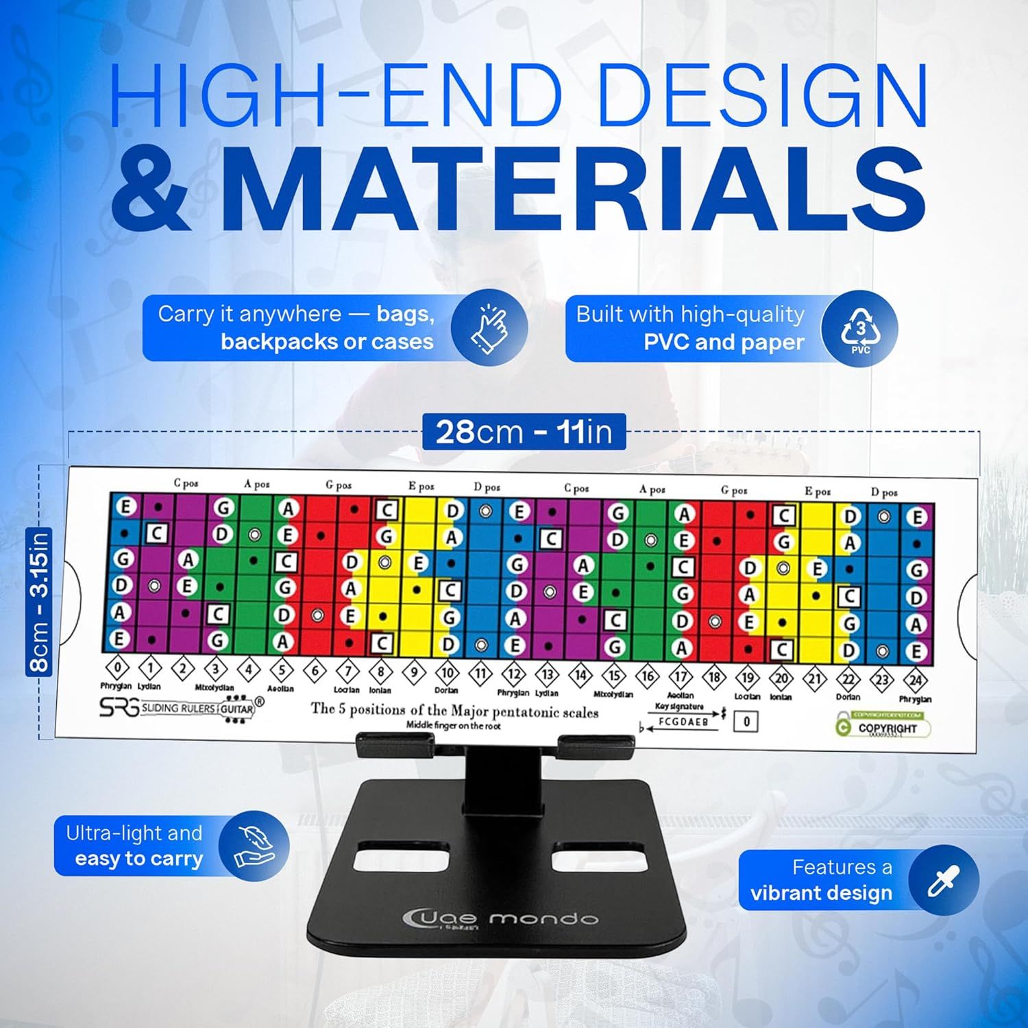 Showcases multiple product benefits in a segmented layout: portability, material quality, size dimensions, ease of carrying, and attractive design.