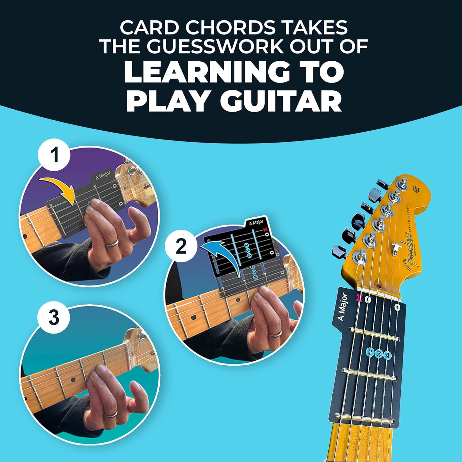 Demonstrates the sequential steps for using the card chords system to learn guitar, showing how the product simplifies the learning process.