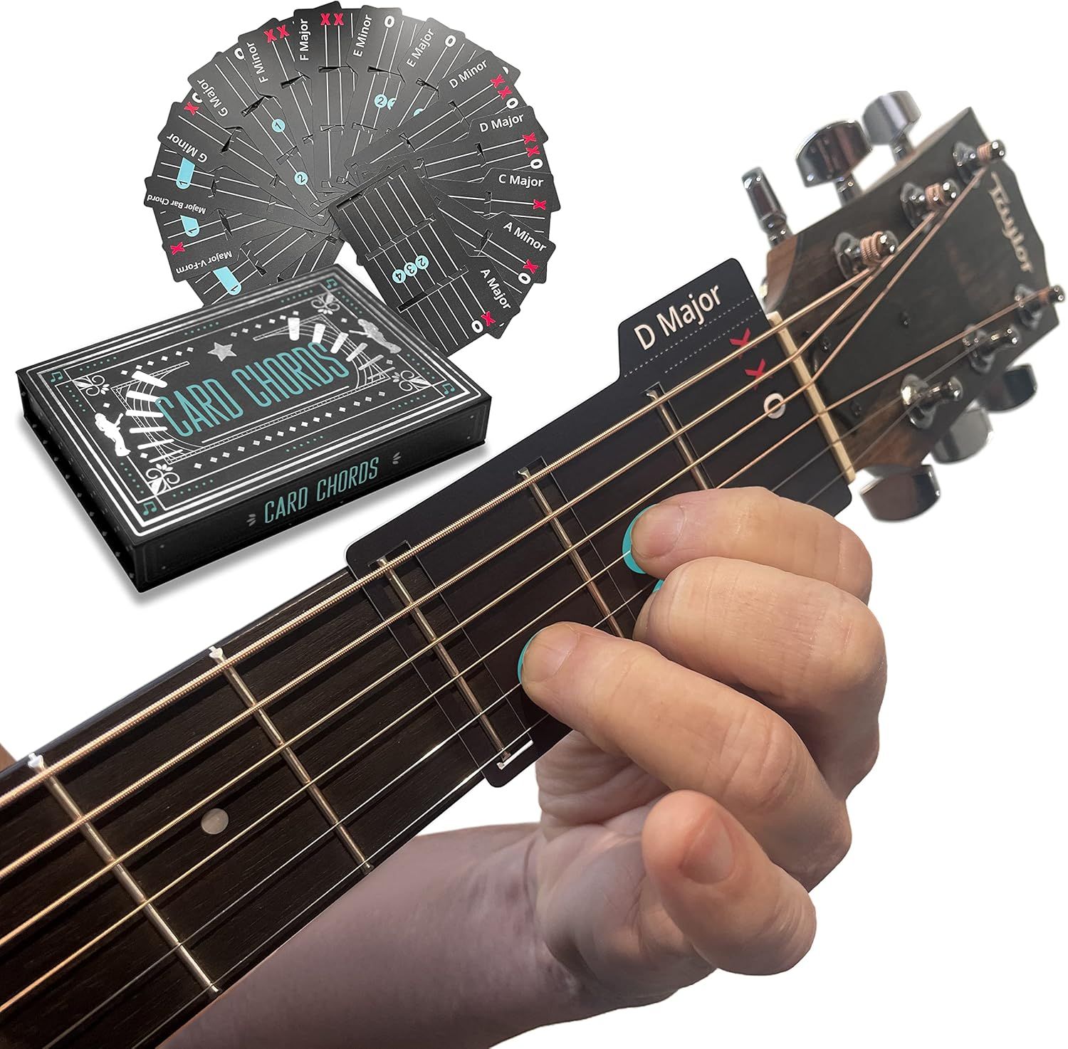 Displays the complete product components including the deck of chord cards and the guitar-mounted card holder, showing what customers receive.