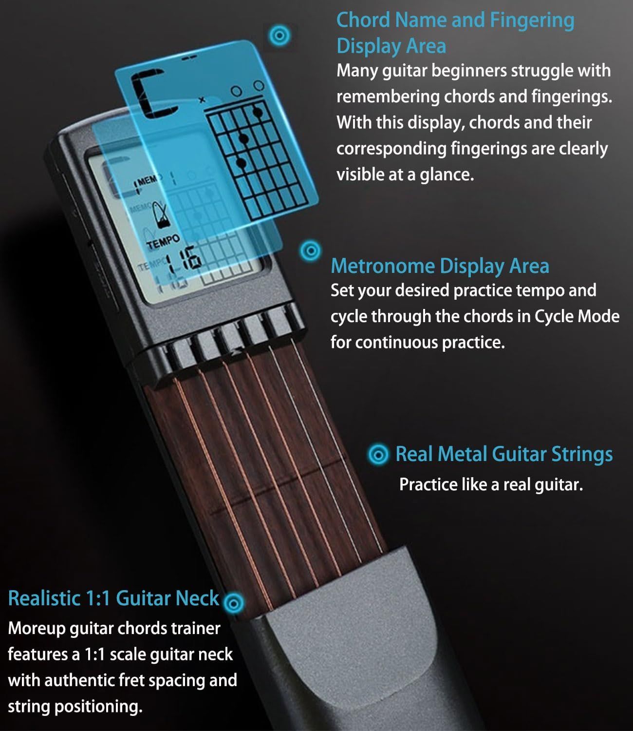 This image breaks down the guitar chord trainer by pointing to and labeling its key physical components and functional areas, helping shoppers understand what each part of the device does and how…