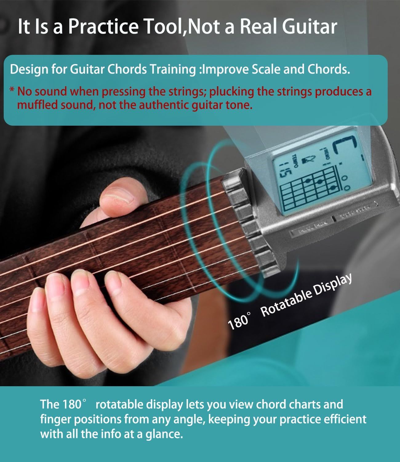 Highlights the rotatable display feature that allows users to view chord charts and finger positions from any angle, making practice more efficient and convenient.