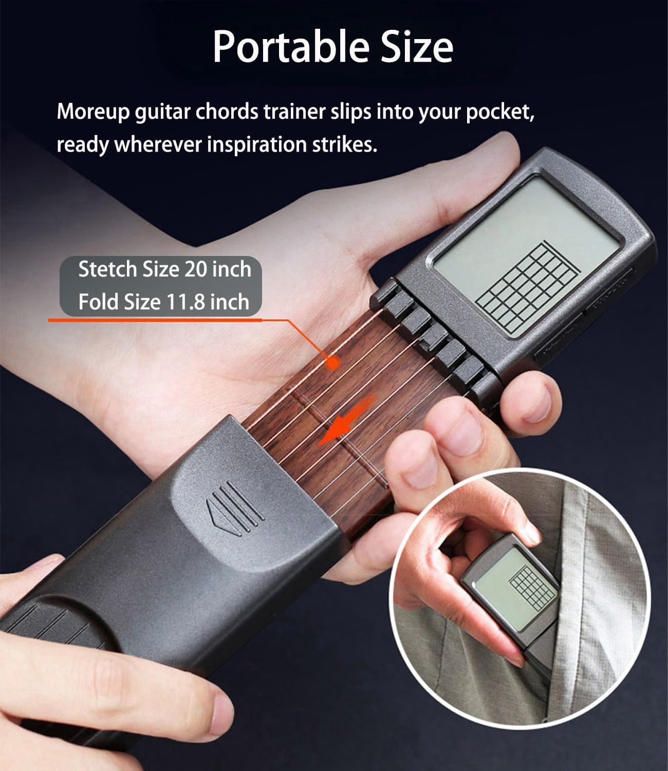 Demonstrates the product's portability by showing exact dimensions (stretch size 20 inch, fold size 11.8 inch) and how it fits in a pocket, reassuring shoppers that it's travel-friendly and…
