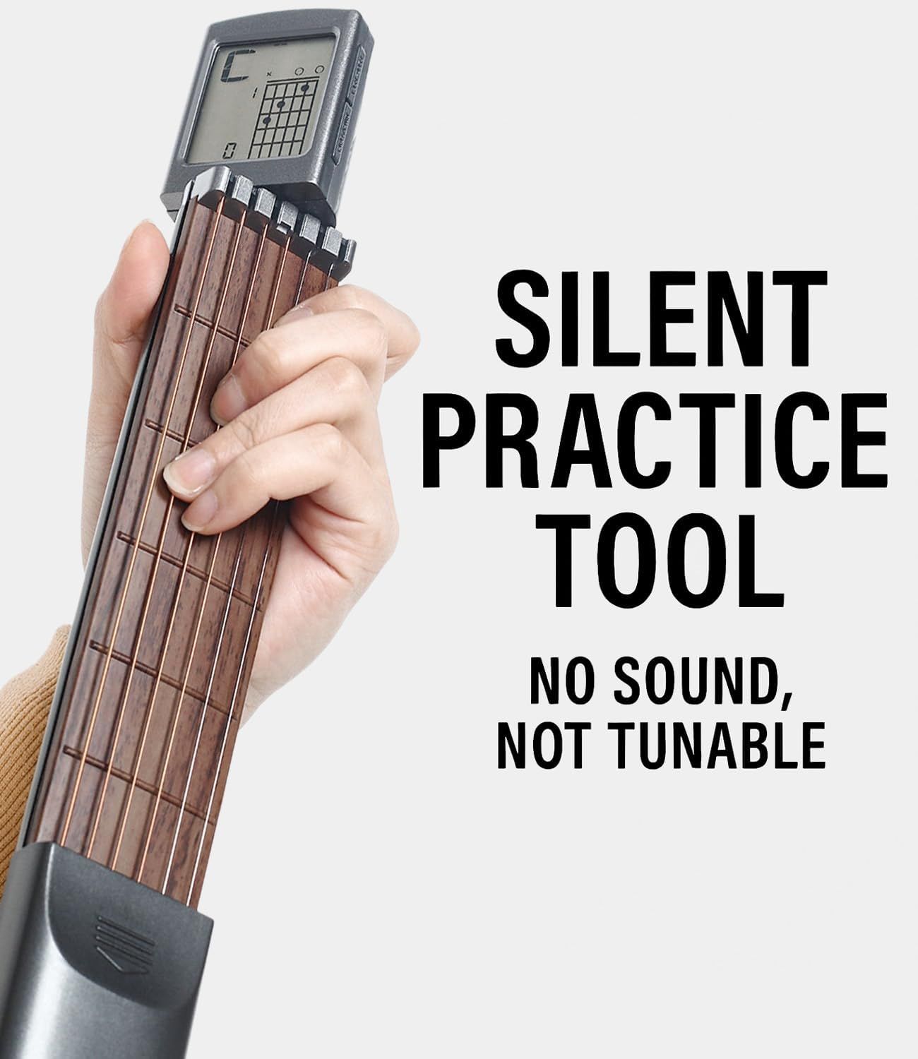 Communicates that this guitar practice tool allows users to practice silently without disturbing others, emphasizing the 'no sound, not tunable' feature for quiet practice sessions.