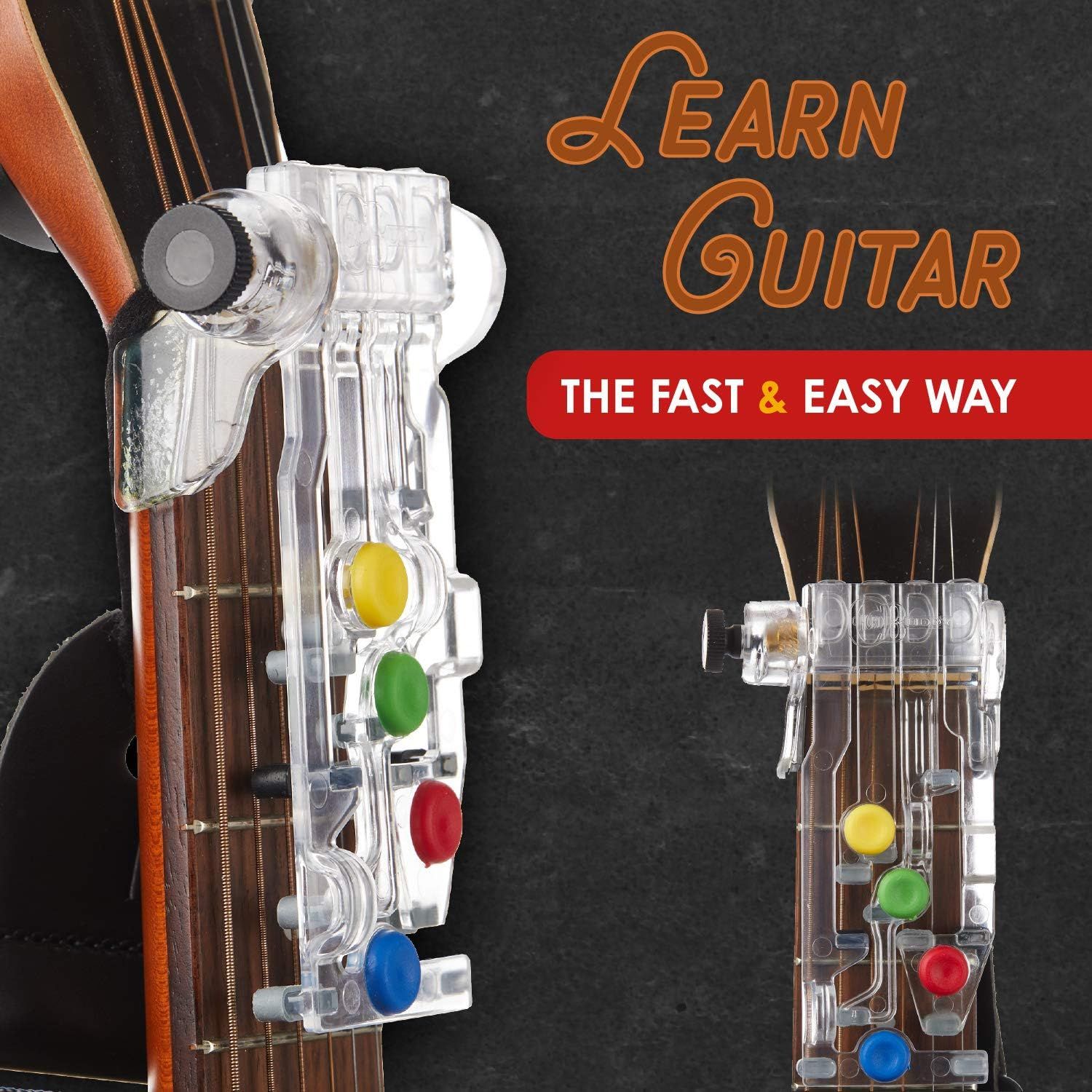 Highlights that the ChordBuddy system offers a fast and easy way to learn guitar, reassuring beginners that the learning process is simplified.