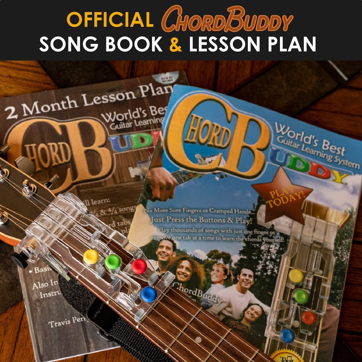 Shows what comes with the ChordBuddy purchase, including the official song book and lesson plan materials, helping shoppers understand the complete package they will receive.