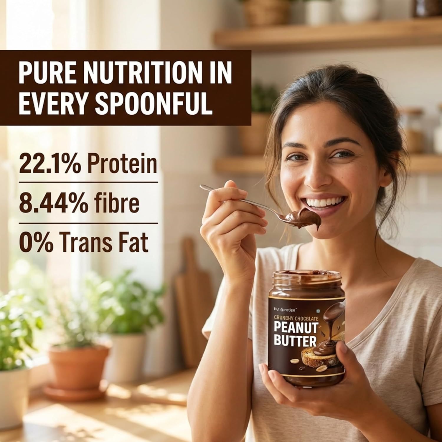 Highlights the product's nutritional performance metrics to communicate its high protein content, fiber content, and absence of trans fat as key health benefits. Communicates the overarching benefit…