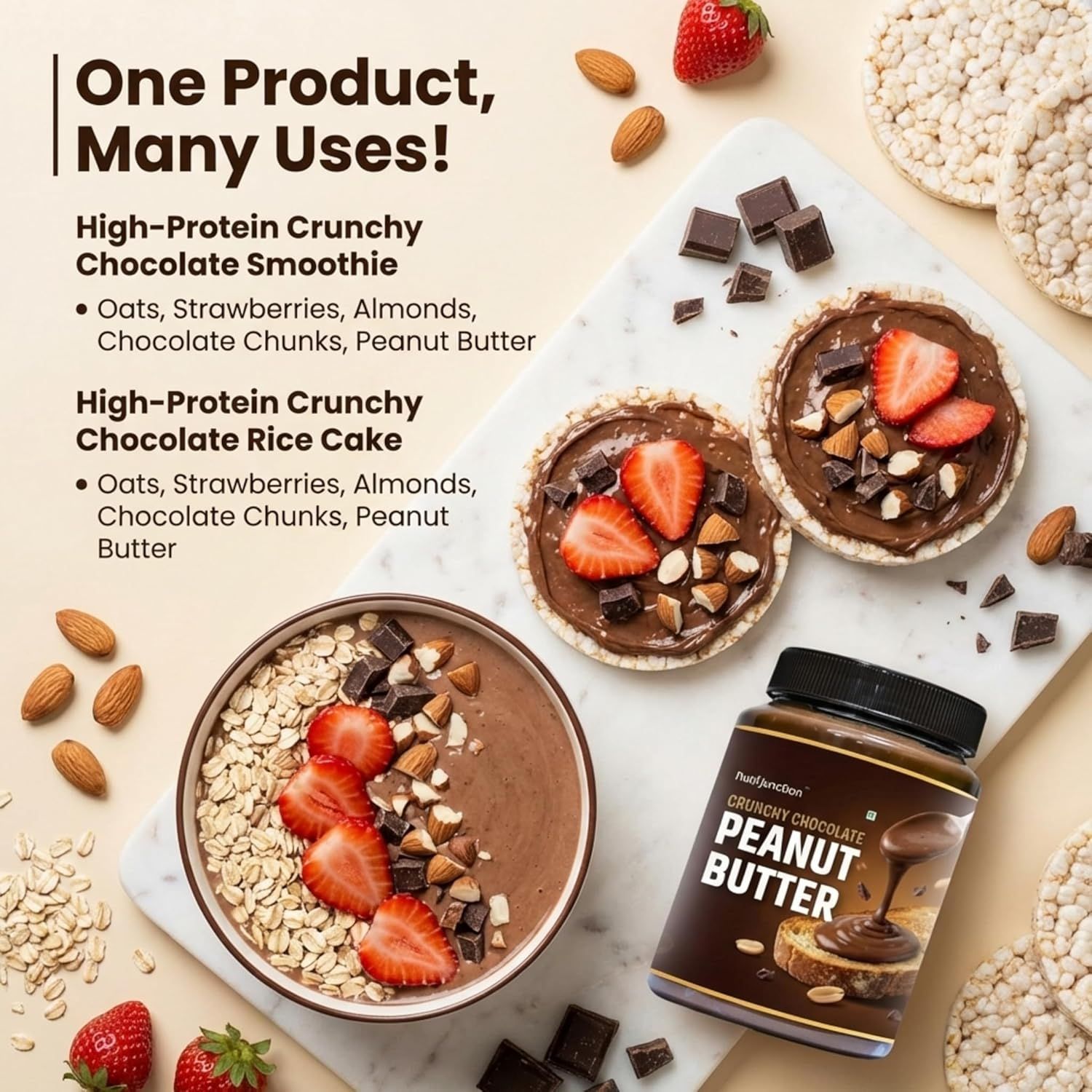 Demonstrates multiple use cases and recipe applications for the peanut butter to show shoppers its versatility in different meal contexts.