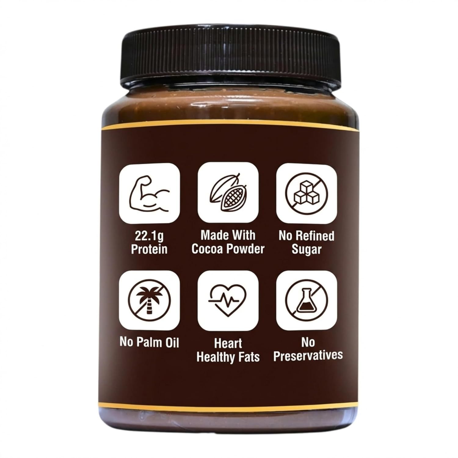Showcases six distinct product benefits in a visually segmented icon grid to communicate the product's nutritional advantages and clean ingredient profile.