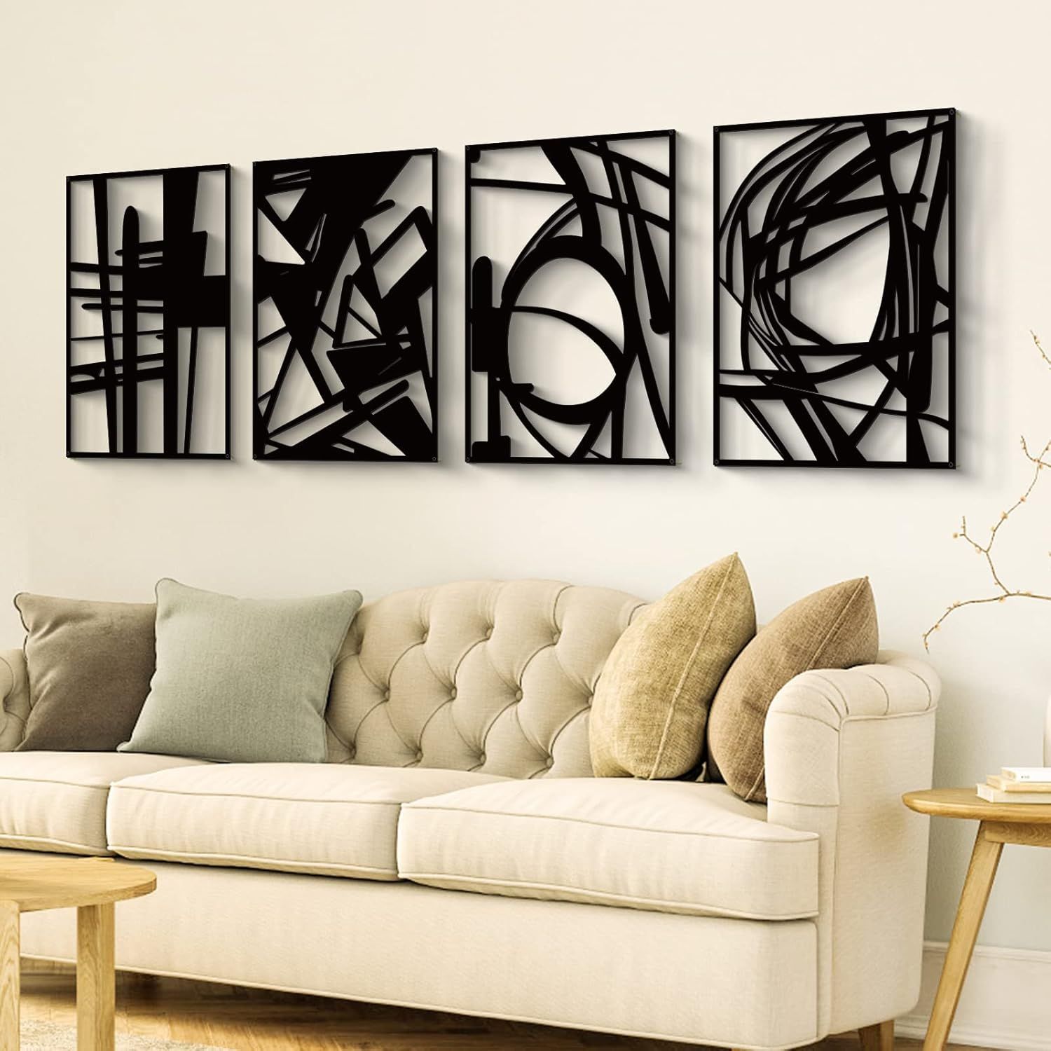 Shows the product displayed in a real living room setting to help shoppers visualize how the wall art will look in their own home.