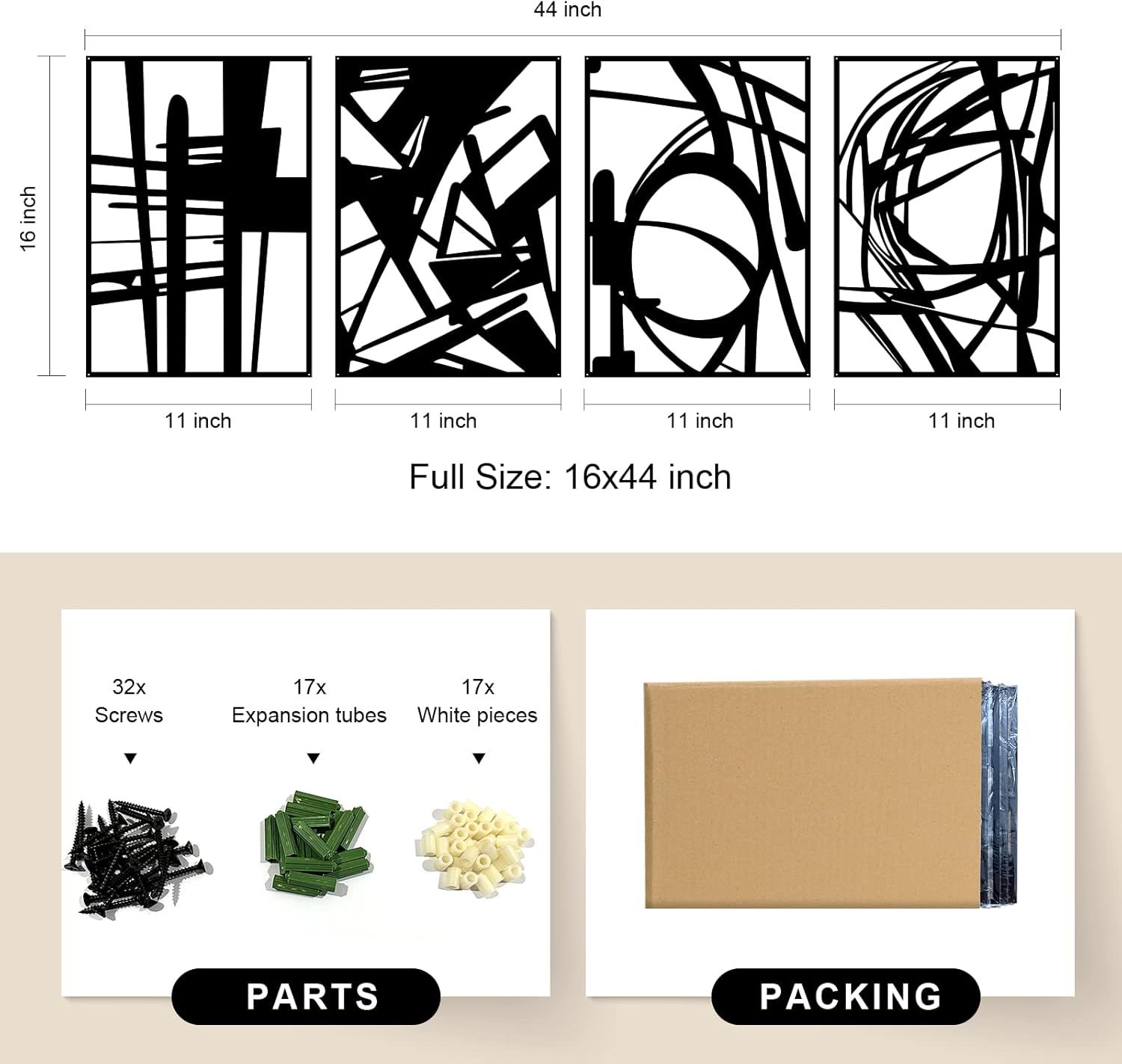 Provides exact physical dimensions of the product and individual panels to help shoppers understand the size and scale of the wall art set. Shows all the hardware and components included with the…