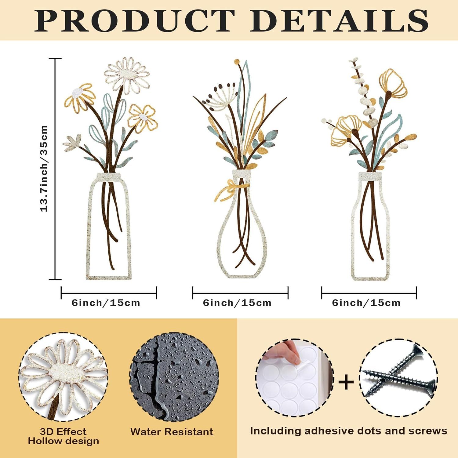 Communicates multiple product benefits in a segmented layout: exact dimensions, 3D hollow design, water resistance, and included installation hardware to reassure shoppers about size, quality,…