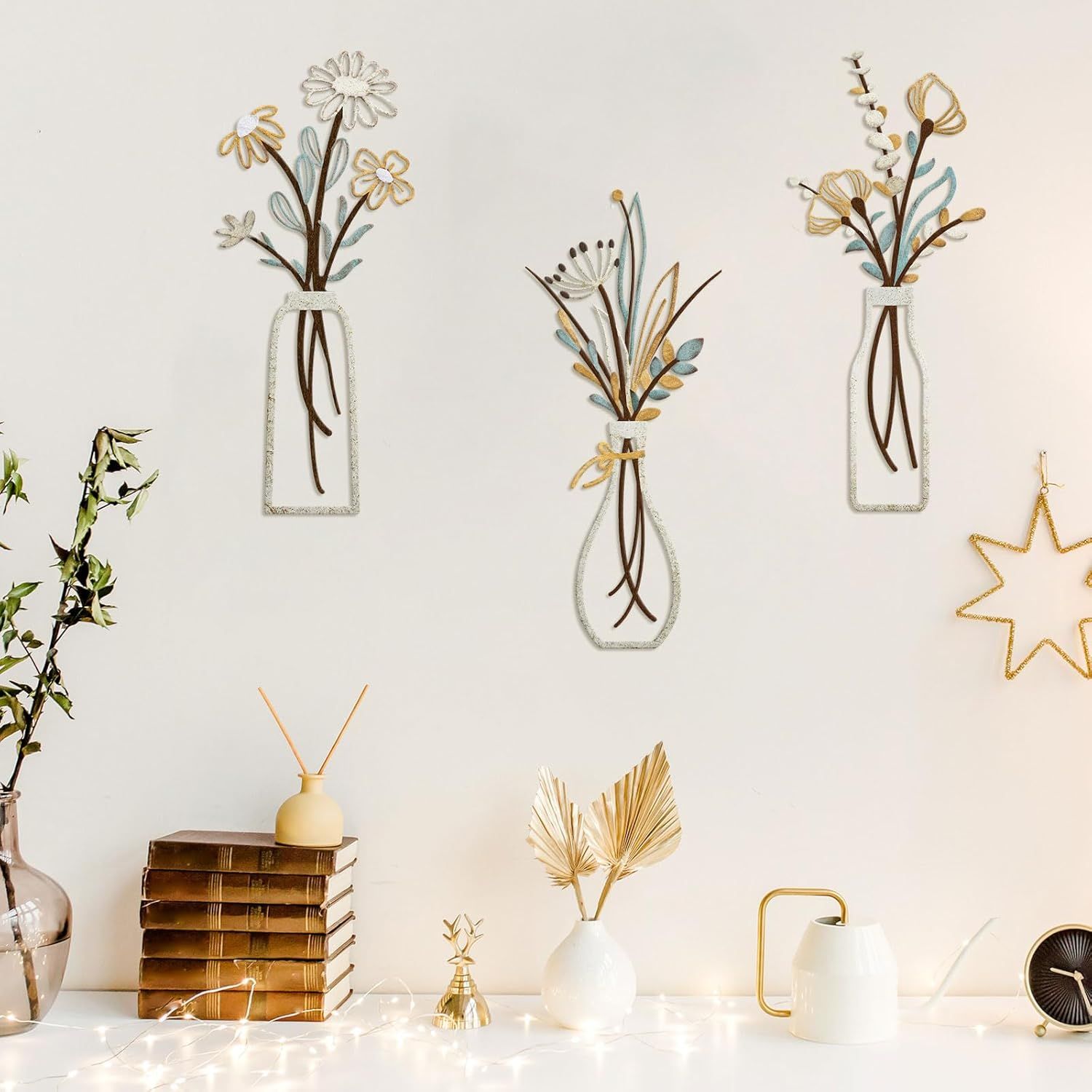 Shows the wall decor in a styled home environment with complementary decor items to inspire shoppers and demonstrate aesthetic appeal.