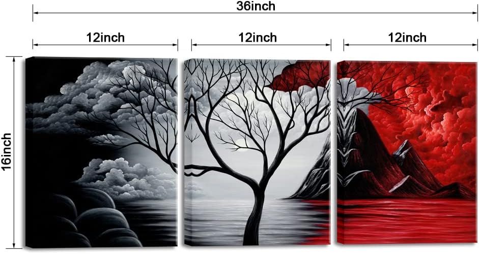 Shows the exact physical dimensions of the 3-piece wall art set (36 inches total width, 16 inches height, with each panel being 12 inches wide) to help shoppers understand the size before purchase.