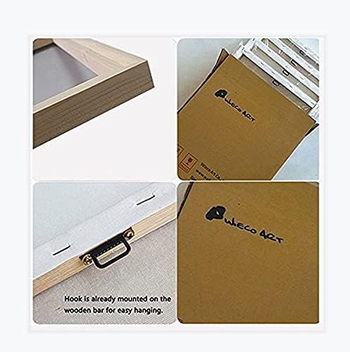 Shows what comes in the package including the wooden frame, canvas, protective packaging, and pre-mounted hanging hardware to set clear expectations for the buyer.