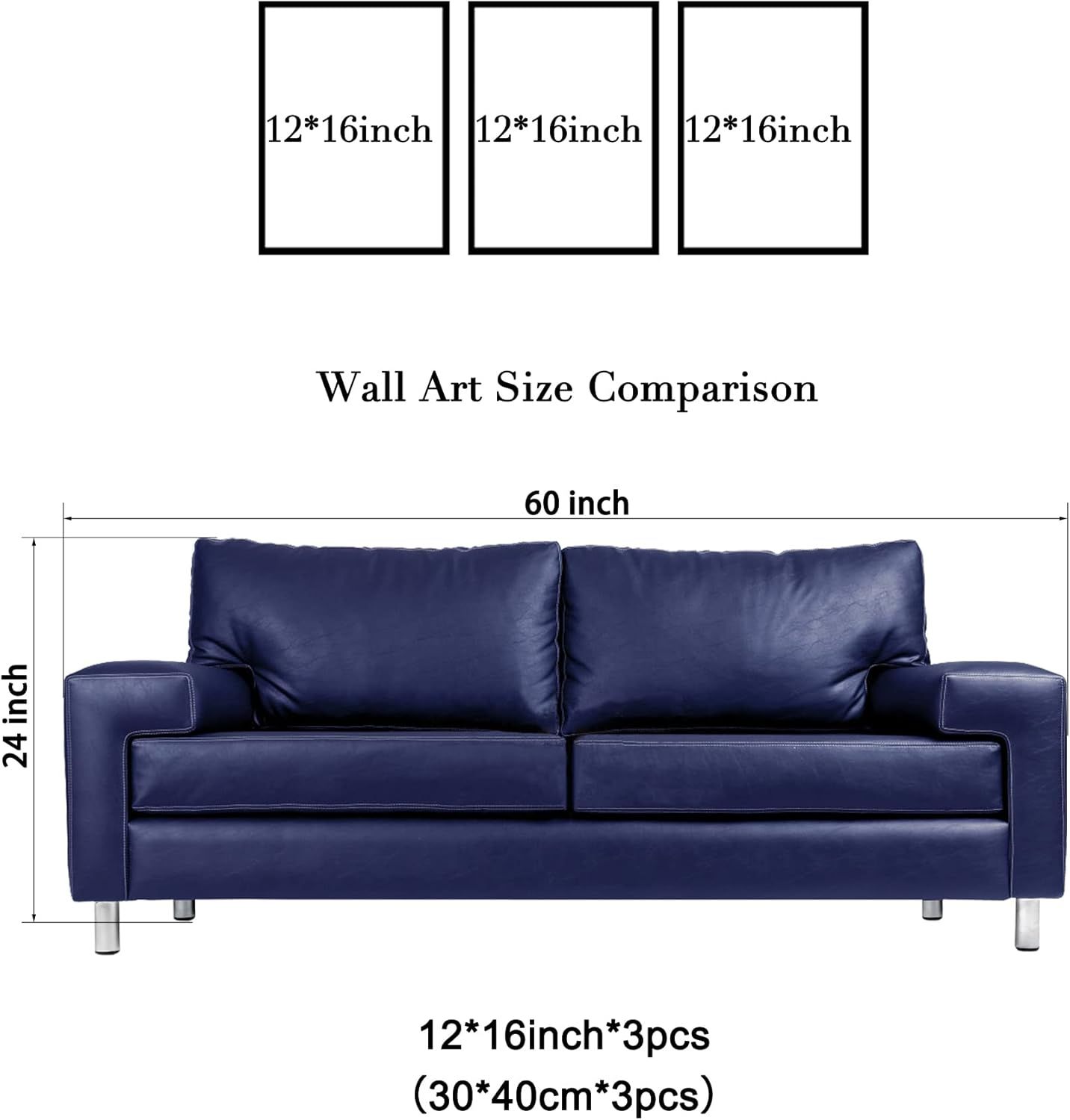 Provides a visual size comparison showing how the 12x16 inch 3-piece wall art set relates to a standard sofa to help shoppers understand scale and proportions for their space.