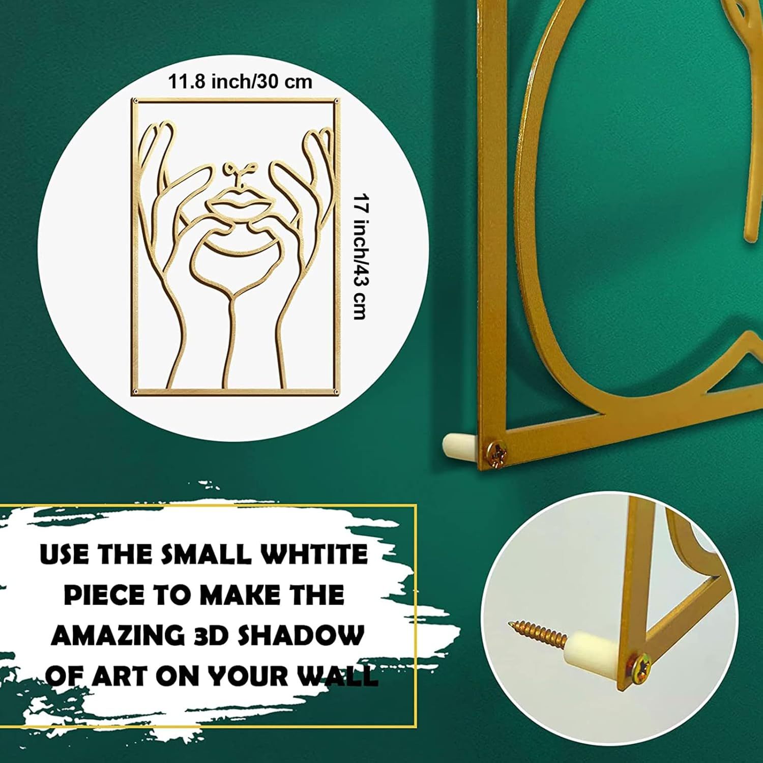 Communicates the physical dimensions of the wall art panels and shows installation details including the white spacer pieces for creating 3D shadow effects. Explains how to use the included white…