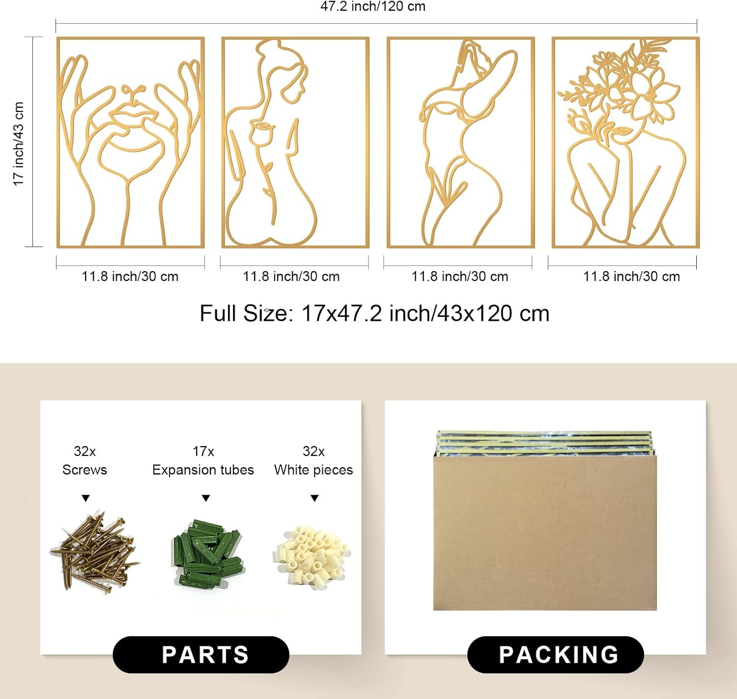 Shows everything included in the purchase: the four art panels with dimensions, all installation hardware (screws, expansion tubes, white spacer pieces), and packaging details. Provides exact…