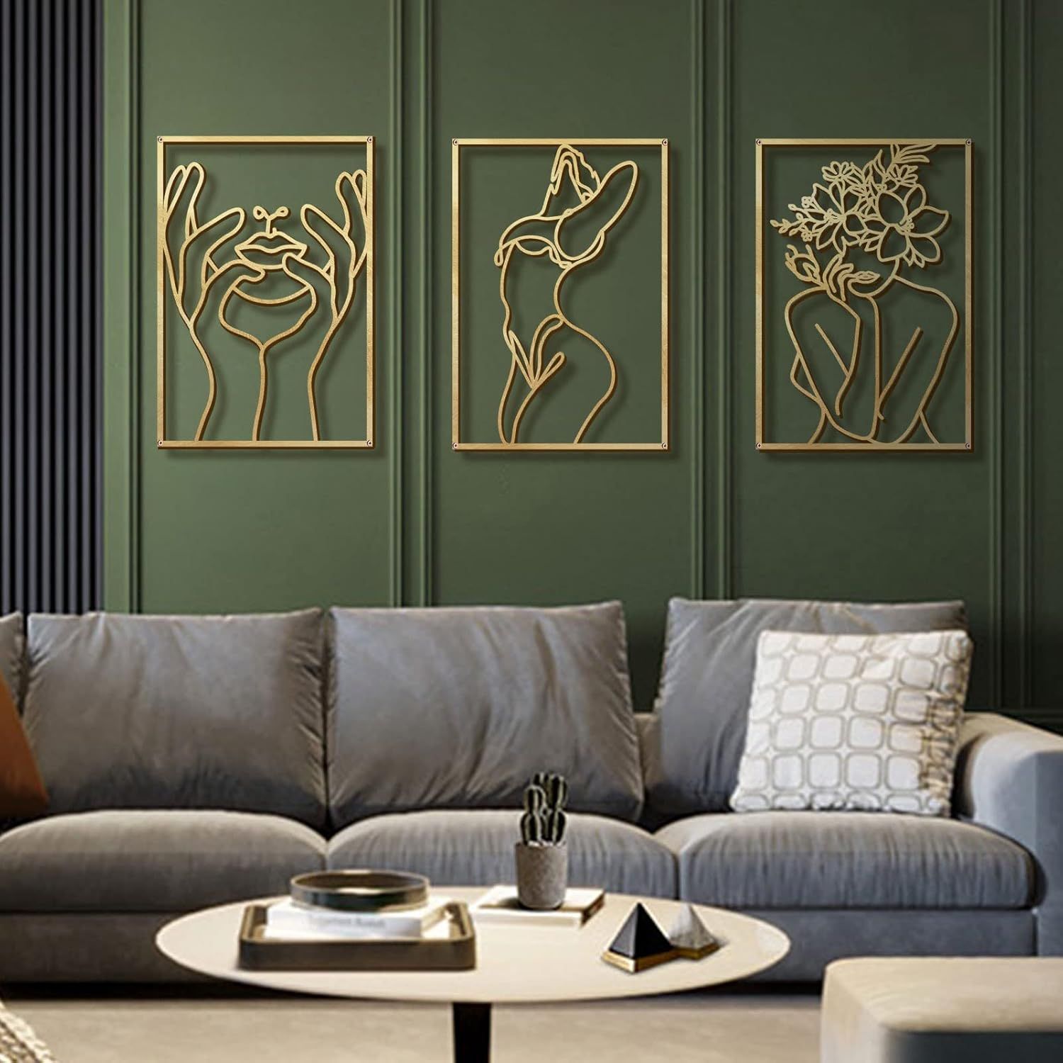 Presents the three-panel wall art set in a fully furnished living room to help shoppers envision the complete look in their home.