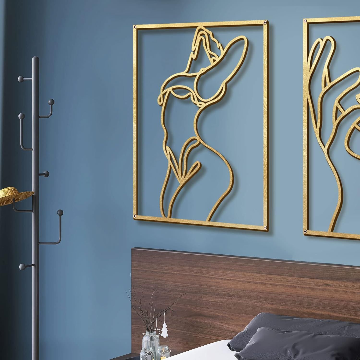 Shows the wall art installed in a bedroom setting to demonstrate versatility and styling options across different rooms.
