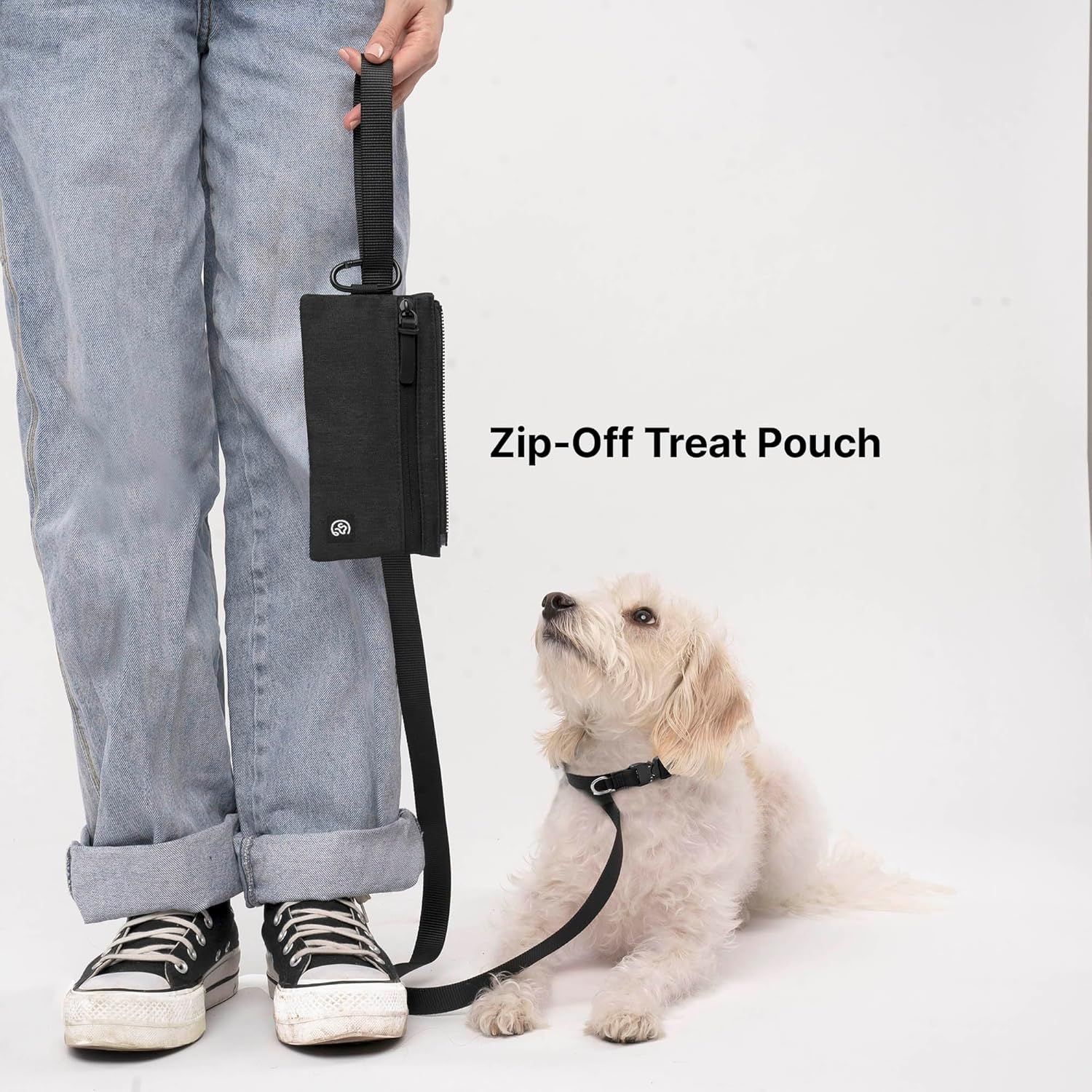 Highlights the removable treat pouch feature that attaches to the leash, demonstrating convenience for dog training and walks.