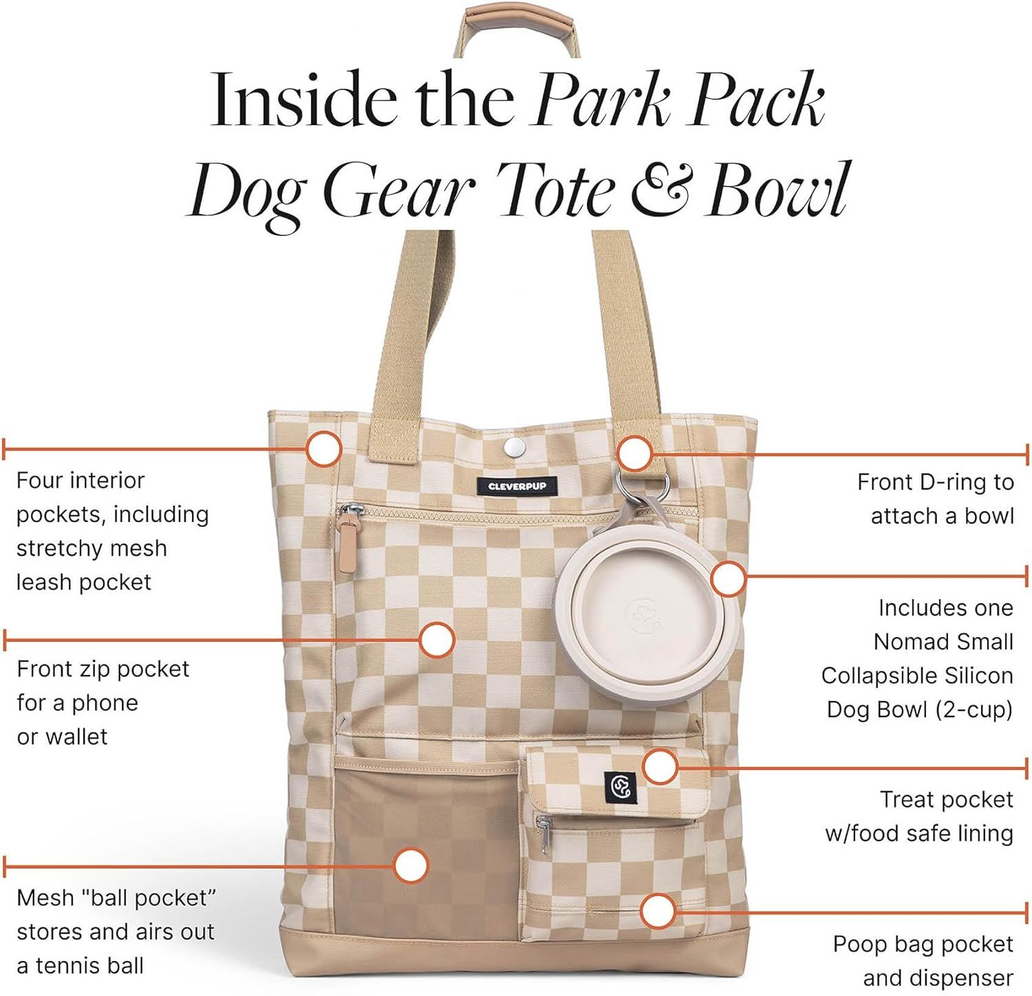 Shows all the features and components included in the dog gear tote to help shoppers understand the complete functionality and value of the product.