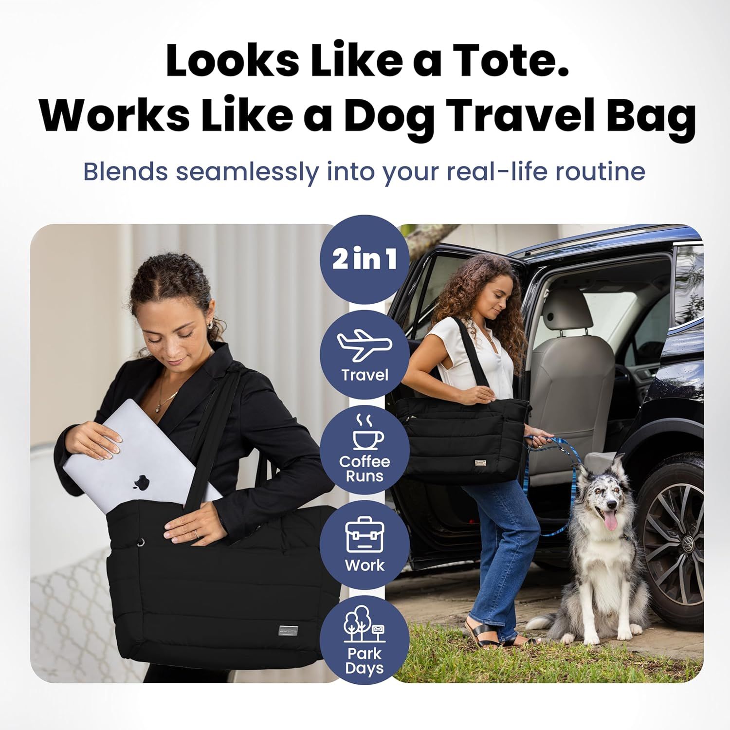 Demonstrates the product's versatility by showing it works for multiple scenarios: travel, coffee runs, work, and park days, emphasizing its 2-in-1 functionality as both a tote and dog travel bag.