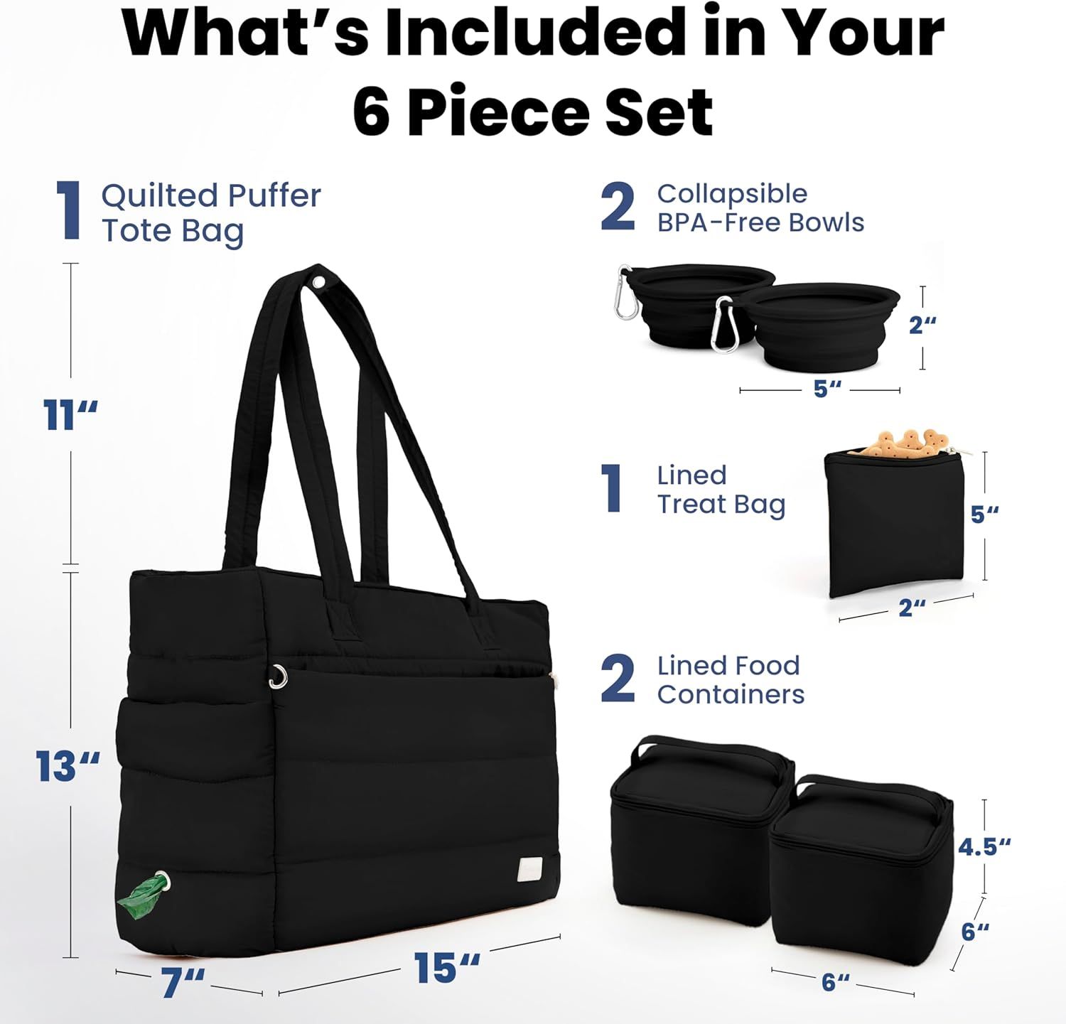 Shows everything included in the 6-piece set: the quilted tote bag, collapsible bowls, treat bag, and food containers with exact dimensions, helping shoppers understand the full value of their…