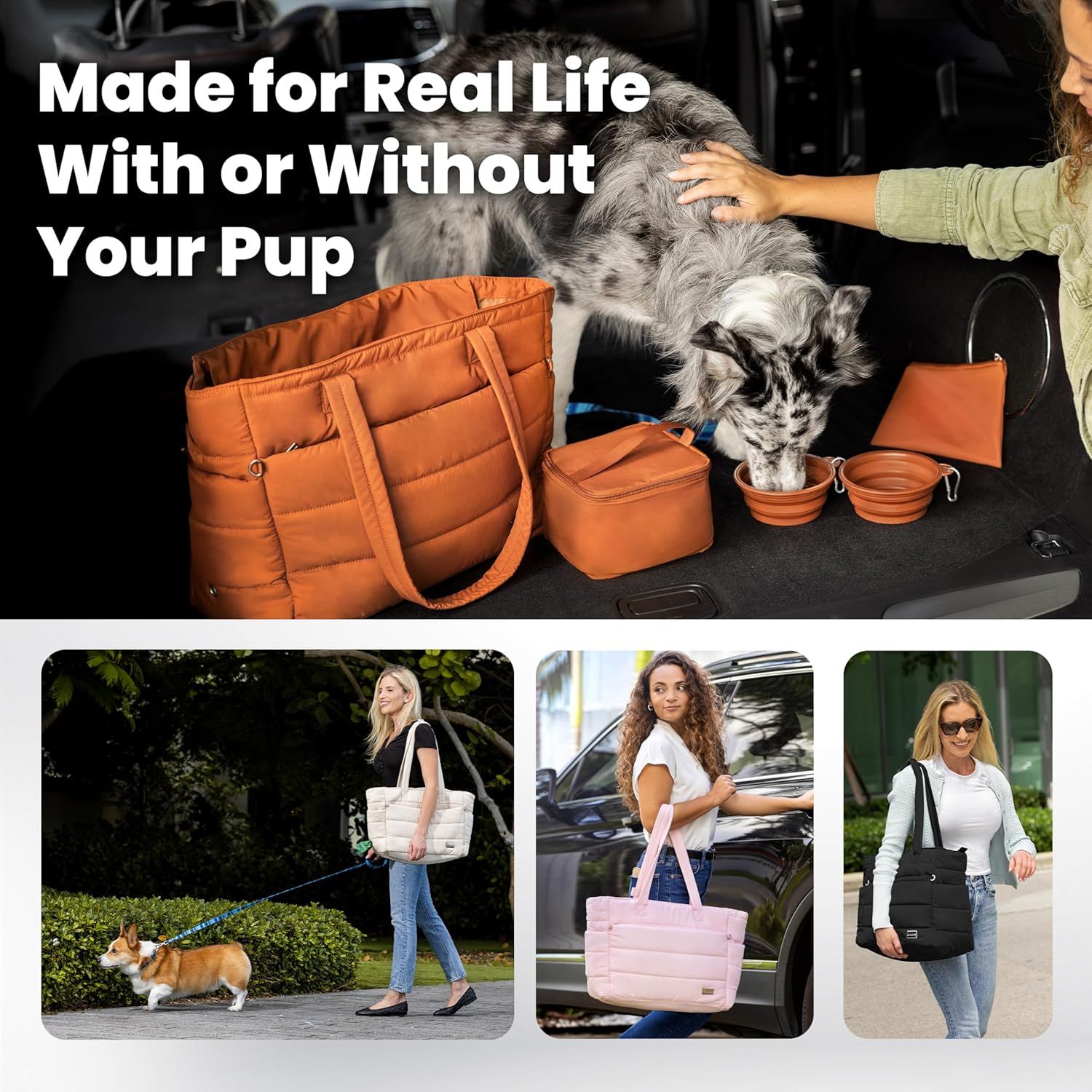 Shows the product in multiple real-world contexts: with or without a dog, walking, traveling, and everyday use, demonstrating its versatility across different lifestyles and situations. Communicates…