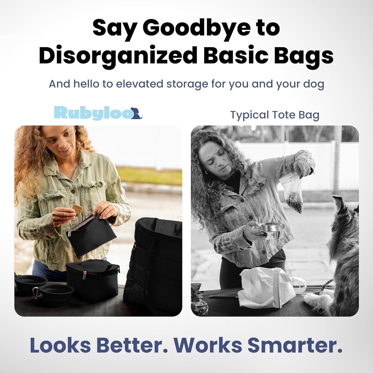 Compares the brand's organized, feature-rich dog tote bag against a typical disorganized basic tote bag, demonstrating why this product is superior in both appearance and functionality.