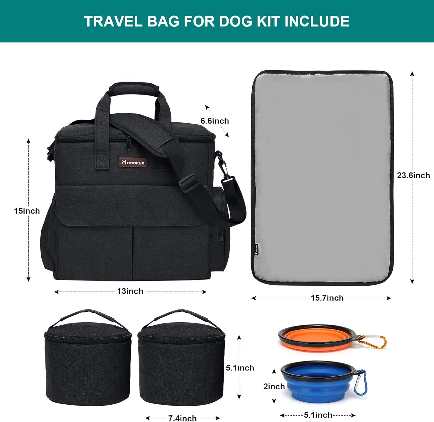 Shows all items included in the dog travel kit with exact dimensions to help shoppers understand the complete package contents and sizing. Provides precise physical dimensions for each component in…