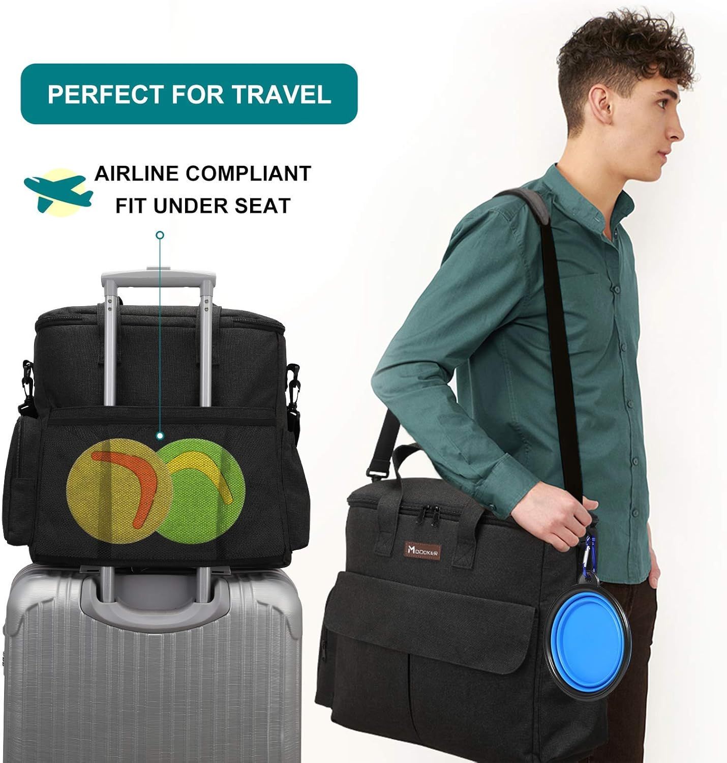 Highlights the bag's portability and airline compliance to reassure shoppers that it's ideal for travel with pets.