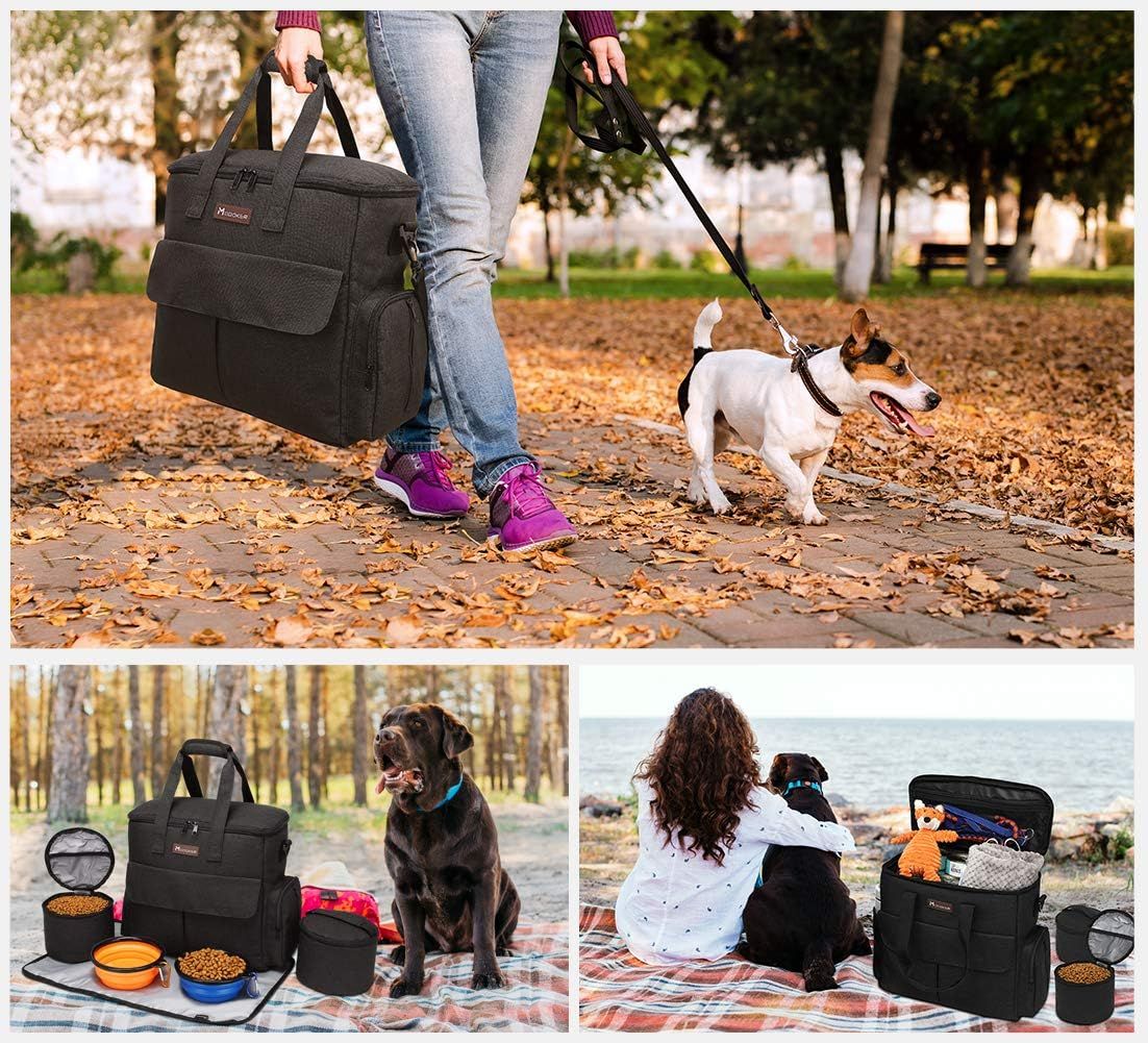 Demonstrates multiple real-world use scenarios for the dog travel bag to show its versatility across different outdoor activities and environments.
