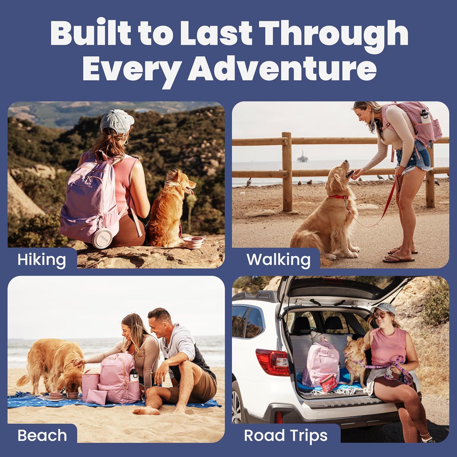 Demonstrates multiple use cases and environments where the doggy backpack is effective, showing its versatility across different outdoor activities and travel scenarios.