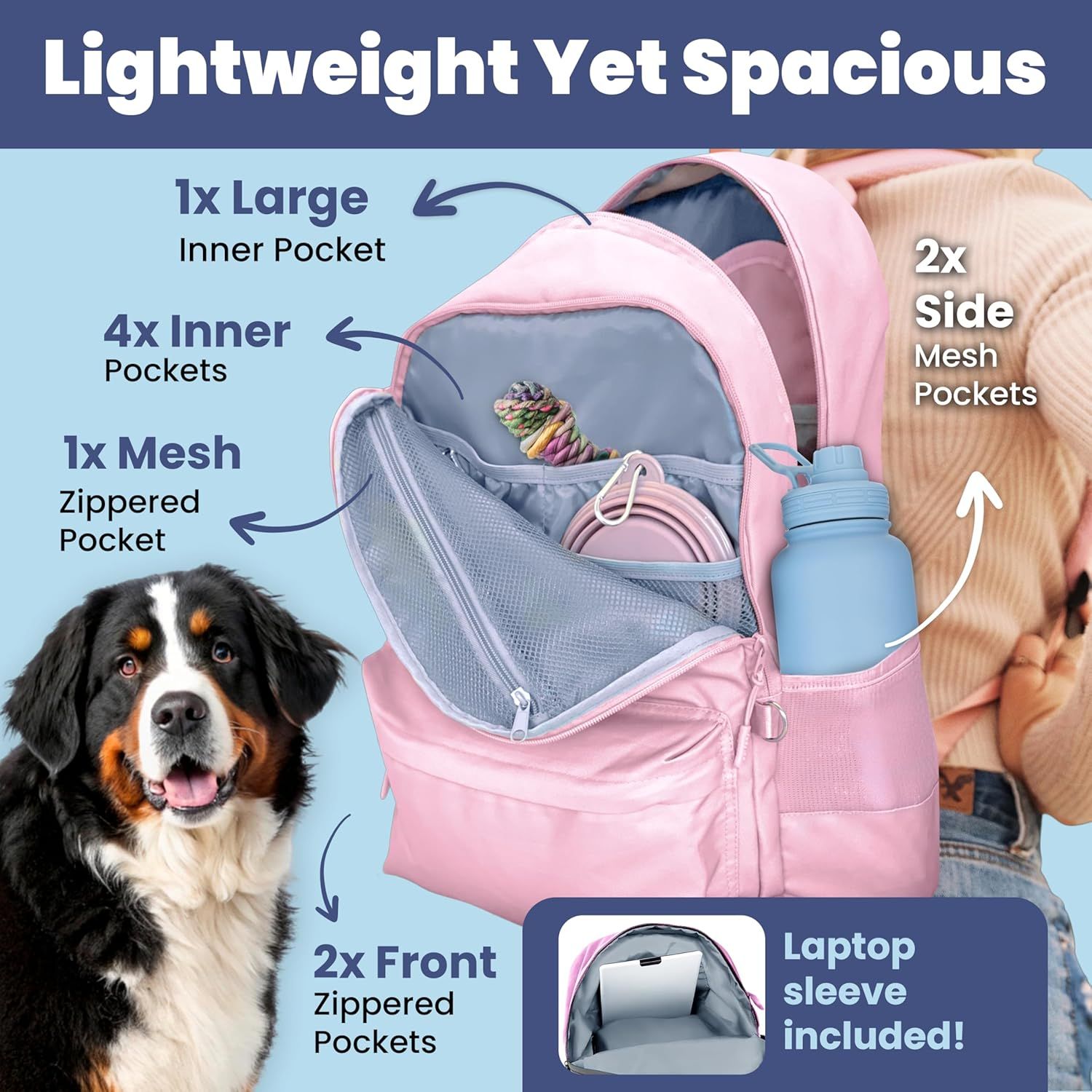 Highlights the internal organization and pocket structure of the backpack to show shoppers how they can organize their dog's essentials. Showcases the organizational benefits and storage capacity…